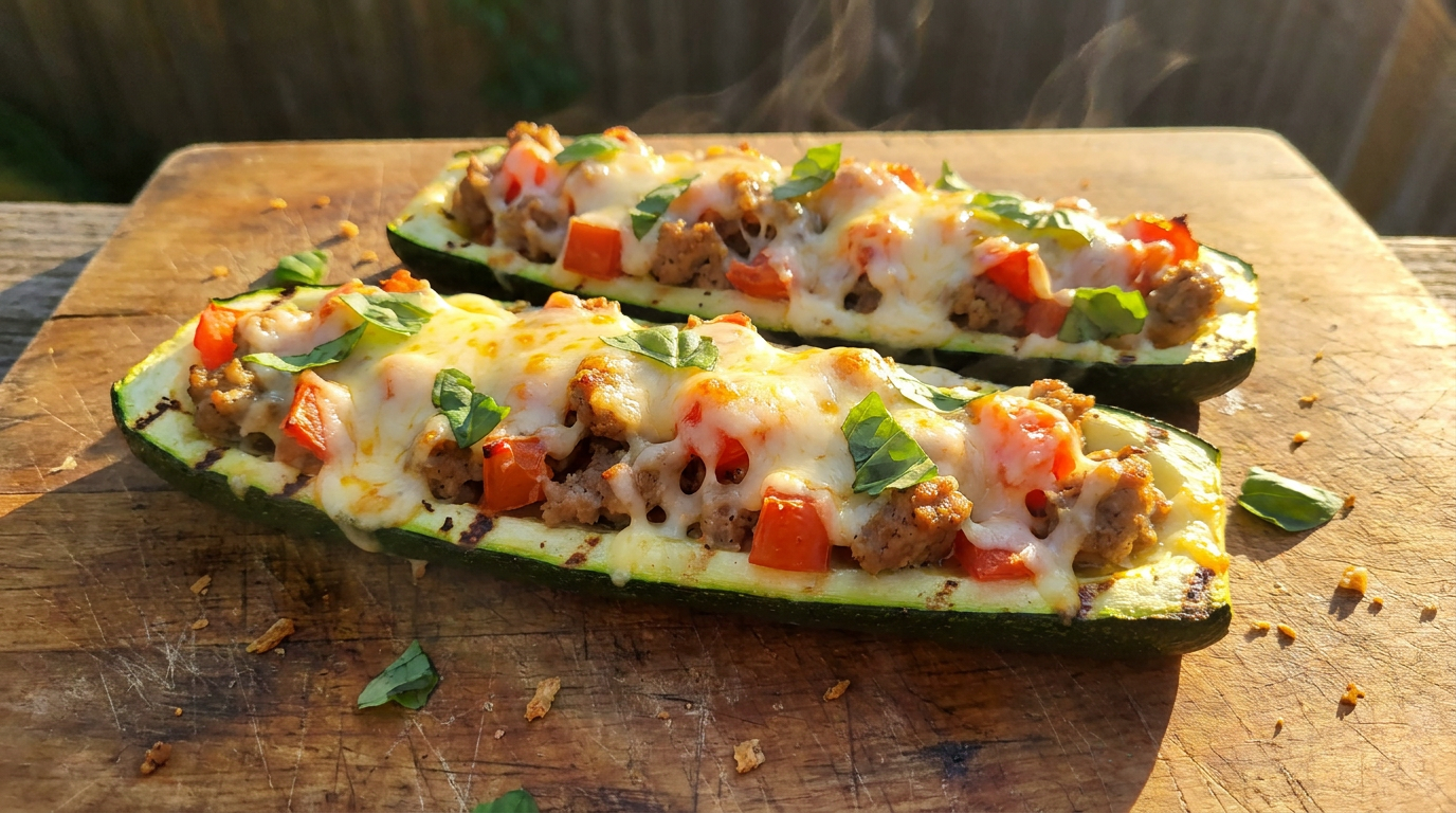 Olasz kolbászos töltött cukkini a grillen