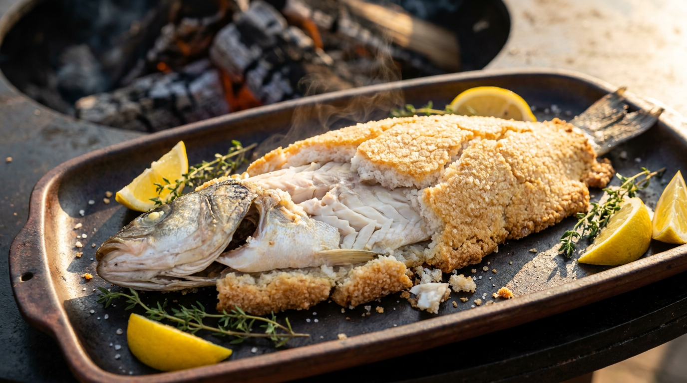Sókéregben sült tengeri sügér a grillen