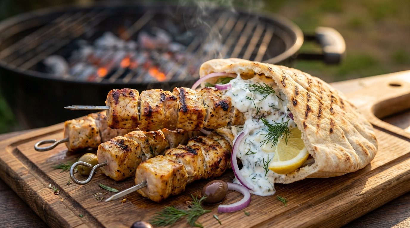 Görög sertés souvlaki pitában, házi tzatzikivel