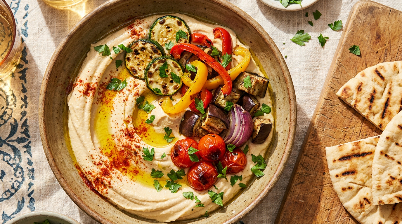Krémes házi hummusz grillzöldségekkel
