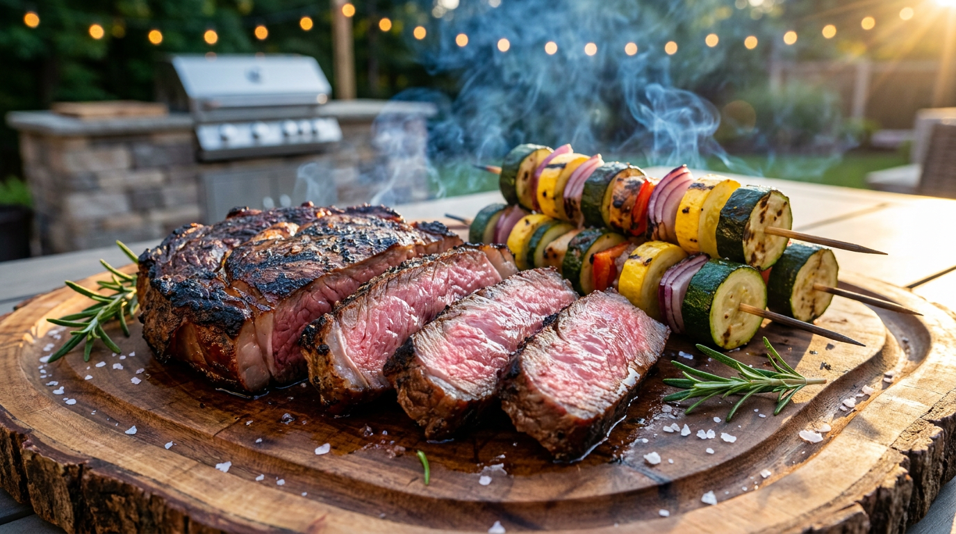 Füstös ribeye nyári tökkebabbal - reverse sear a rácson