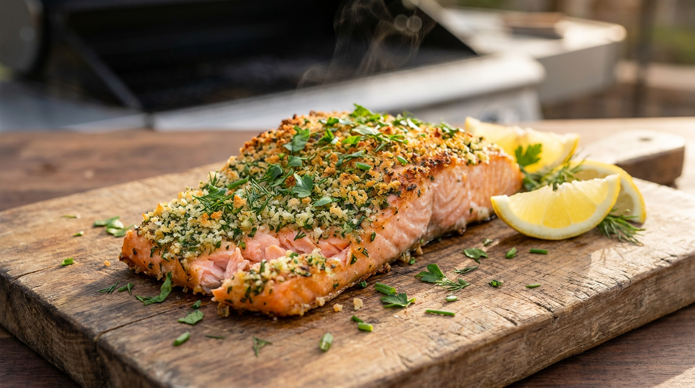 Fűszeres kérgű lazac grillen - ropogós zöldfűszeres réteg, omlós hal