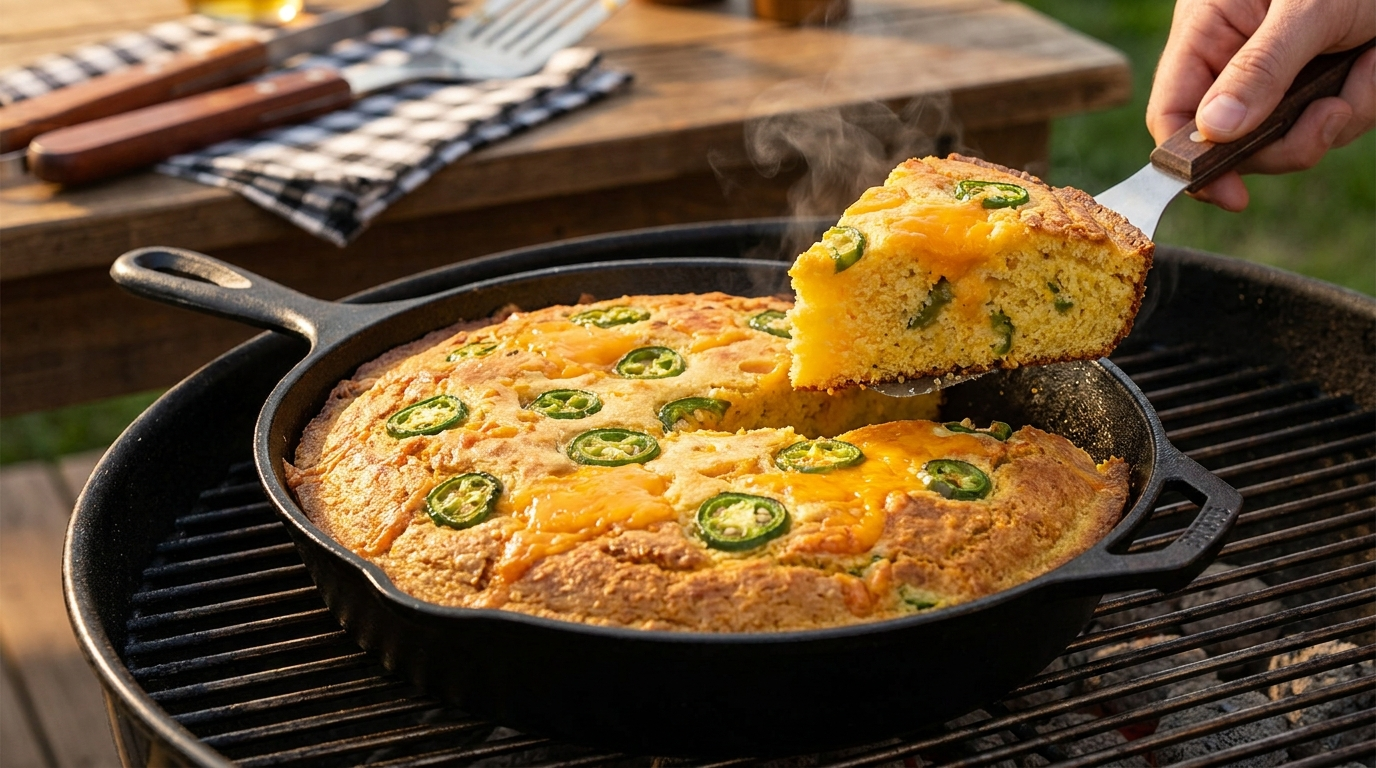 Cheddaros-jalapeños kukoricakenyér a grillről - sajtos, csípős, ropogós aljú