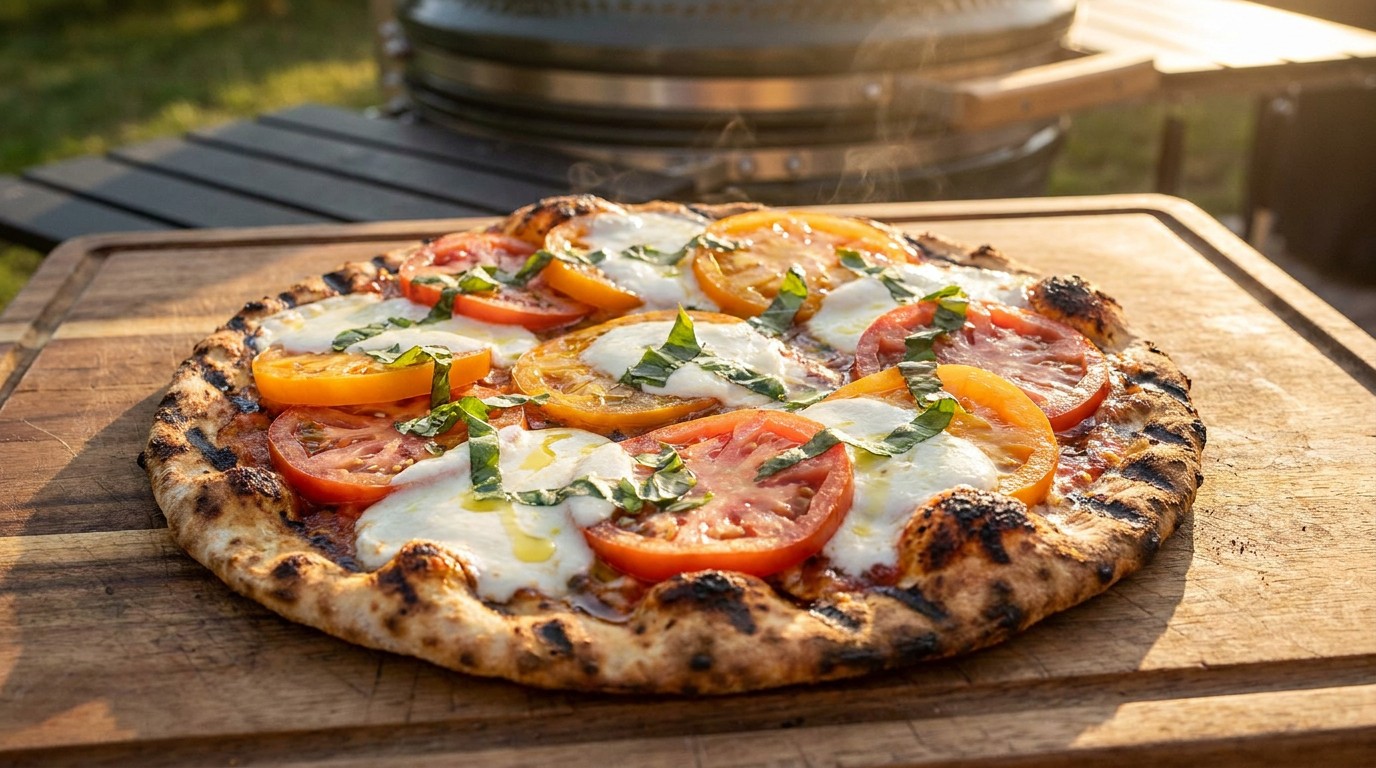 Grillezett caprese pizza a rácson - ropogós alj, olvadó mozzarella, friss bazsalikom