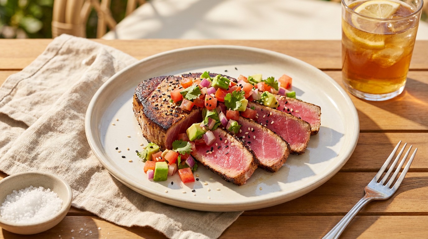 Grillezett tonhalsteak nyári salsával - kívül pörkölt, belül rózsaszín