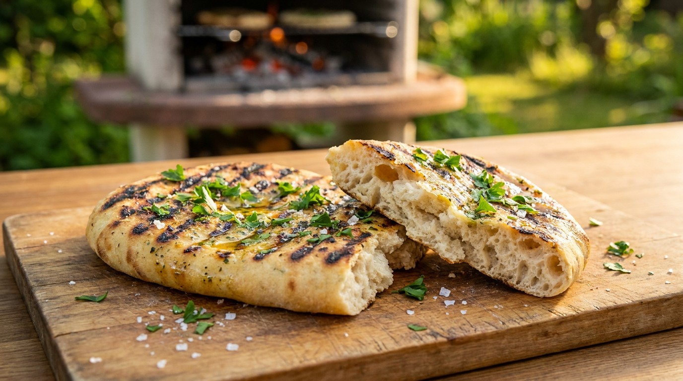 Grillezett fokhagymás-zöldfűszeres langalló - ropogós lepénykenyér a rácson