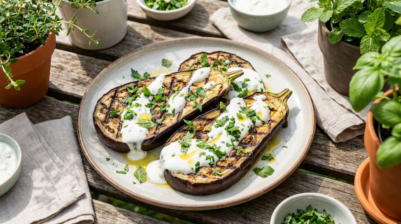 Grillezett padlizsánsteak joghurtos-fokhagymás öntettel - nyárvégi kerti falat