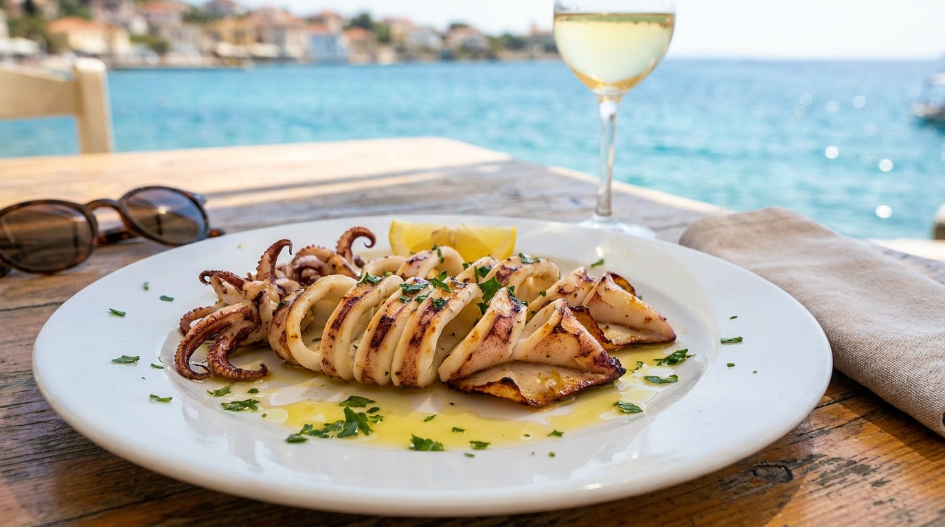 Grillezett tintahal fokhagymás-citromos olajjal - mediterrán nyárvég a rácson
