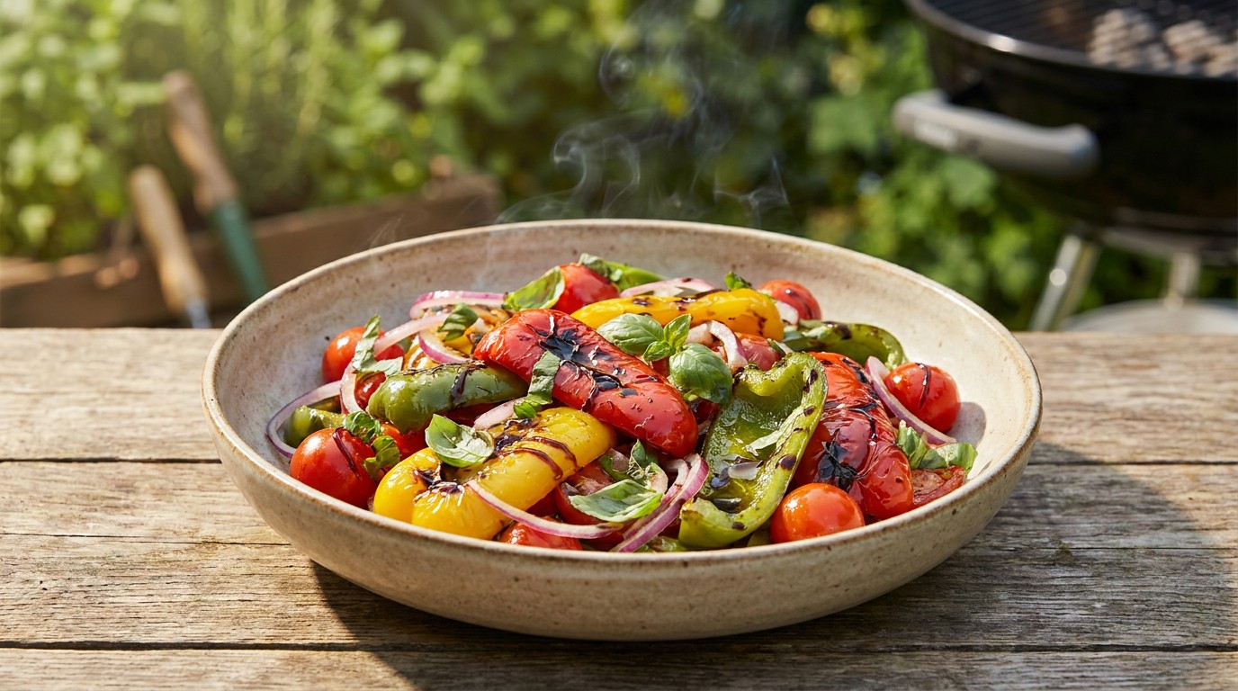 Grillezett paprika- és paradicsomsaláta füstös olívaolajjal - a nyárvég legjobb körete