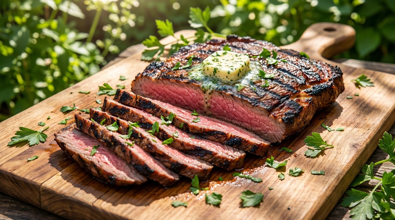 Grillezett flanksteak fűszervajjal - szaftos marhasteak vékonyra szeletelve, sokaknak