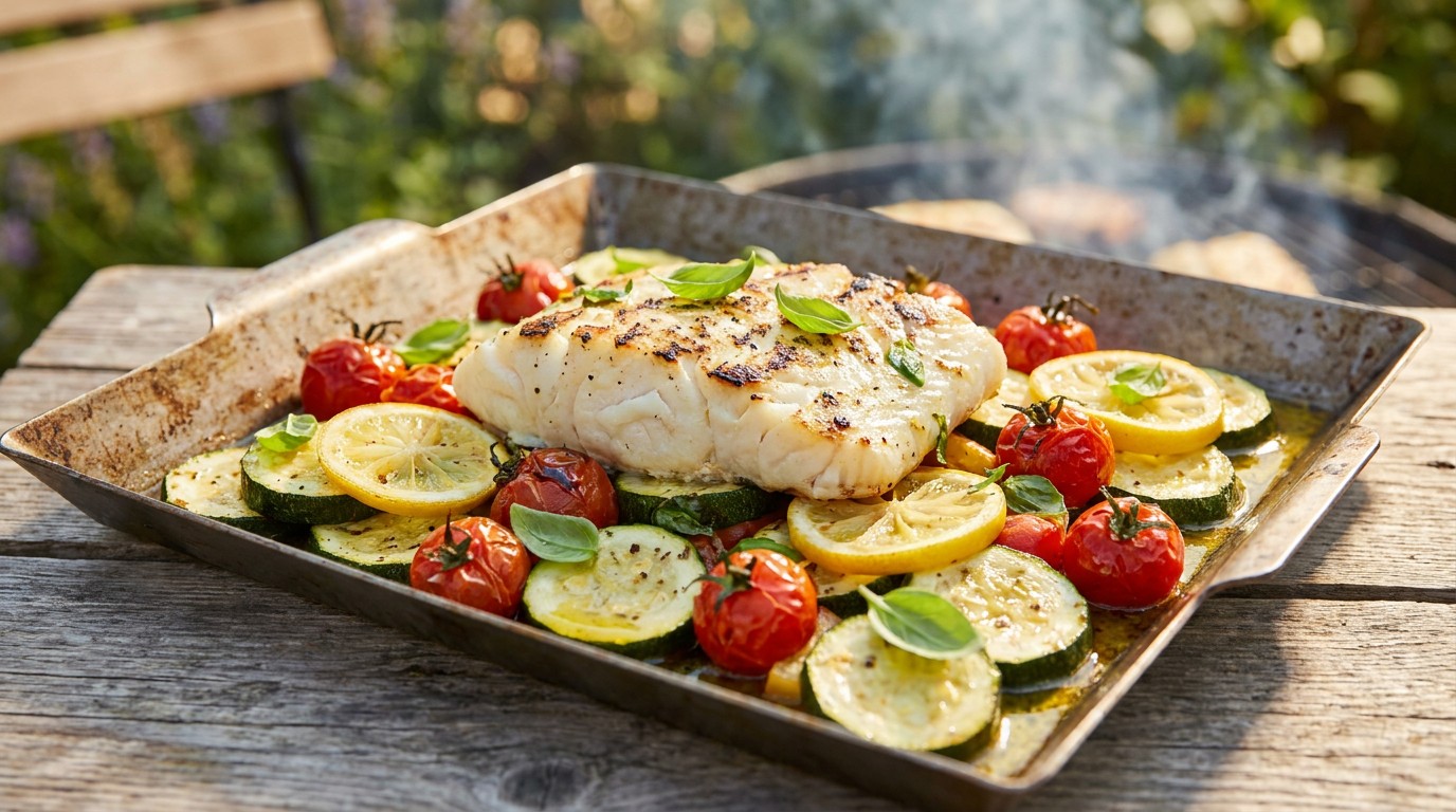 Grillezett tőkehalfilé mediterrán zöldségágyon - könnyű nyárvégi vacsora a rácsról