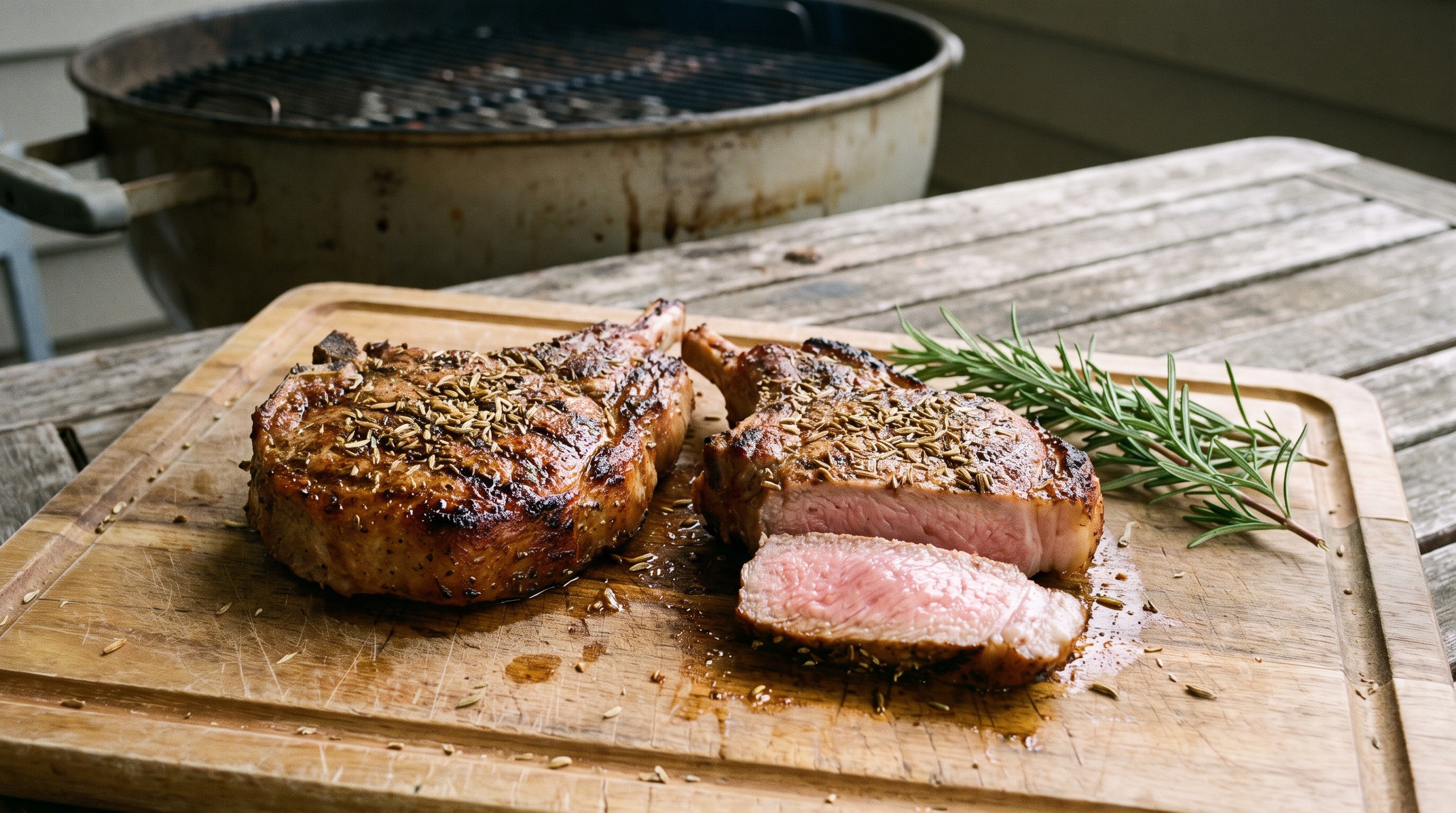 Rozmaringos, édesköményes csontos sertéskaraj a grillen