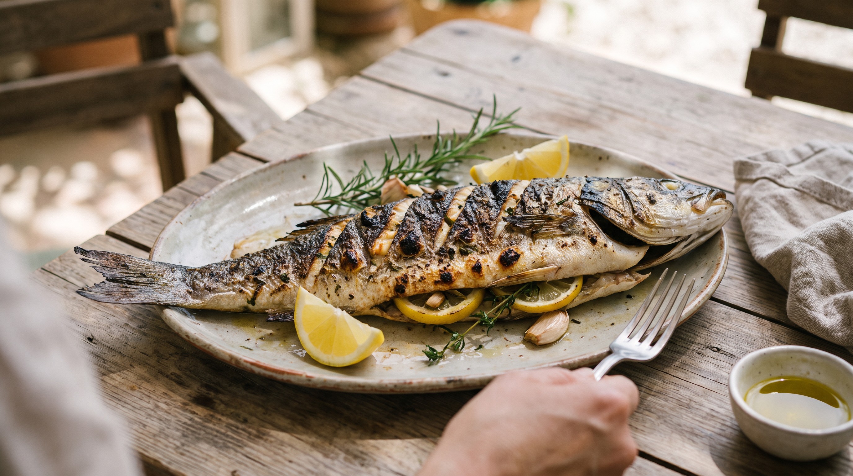 Grillezett egész fogas mediterrán zöldségtöltelékkel