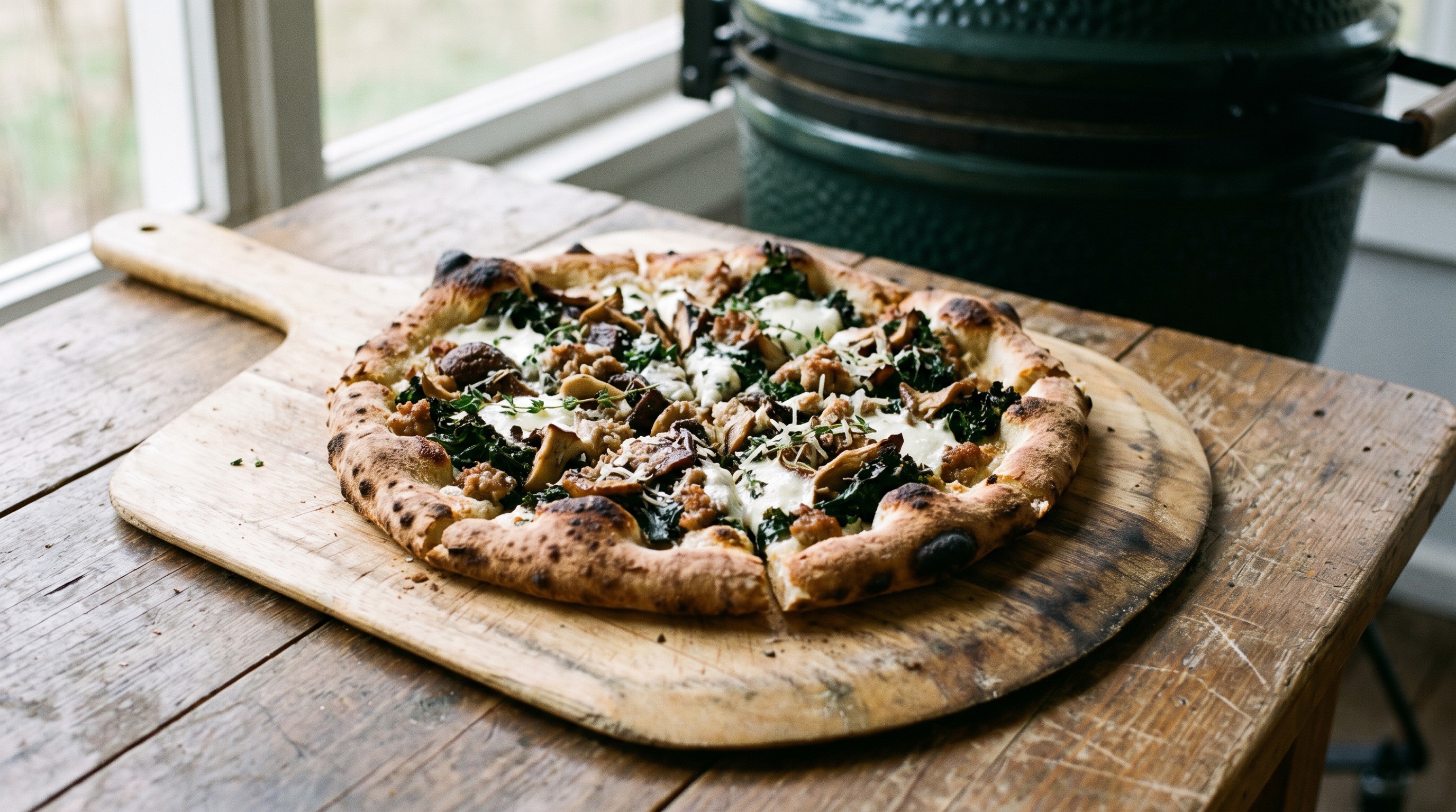Vadgombás, kolbászos grillpizza kelkáposztával