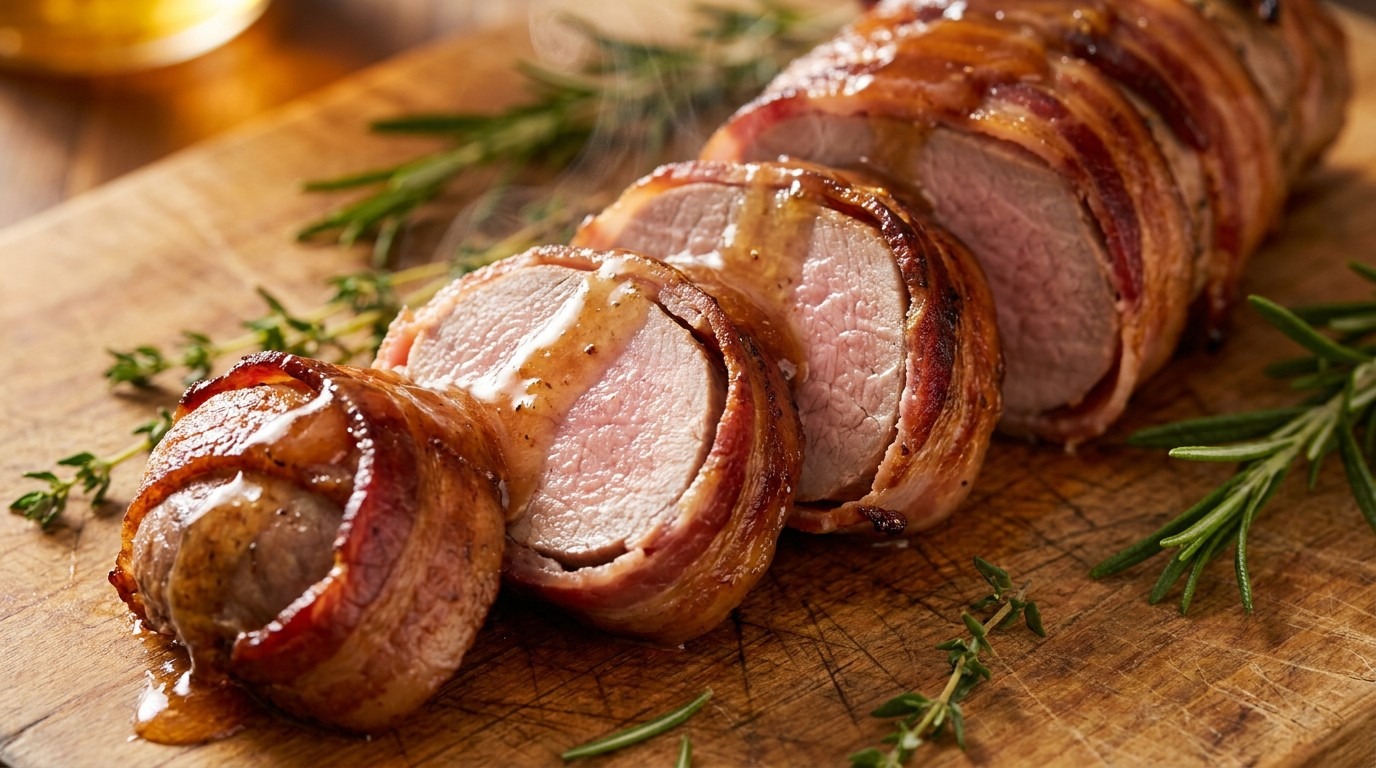 Baconbe tekert sertésszűz juharszirupos vajjal