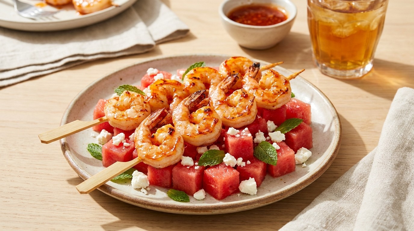 Grillezett garnélanyárs görögdinnyés feta salátával