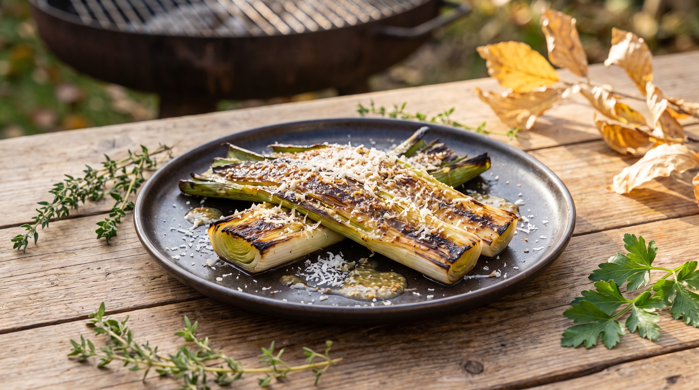 Grillezett póréhagyma parmezánnal és mustáros vinaigrette-tel