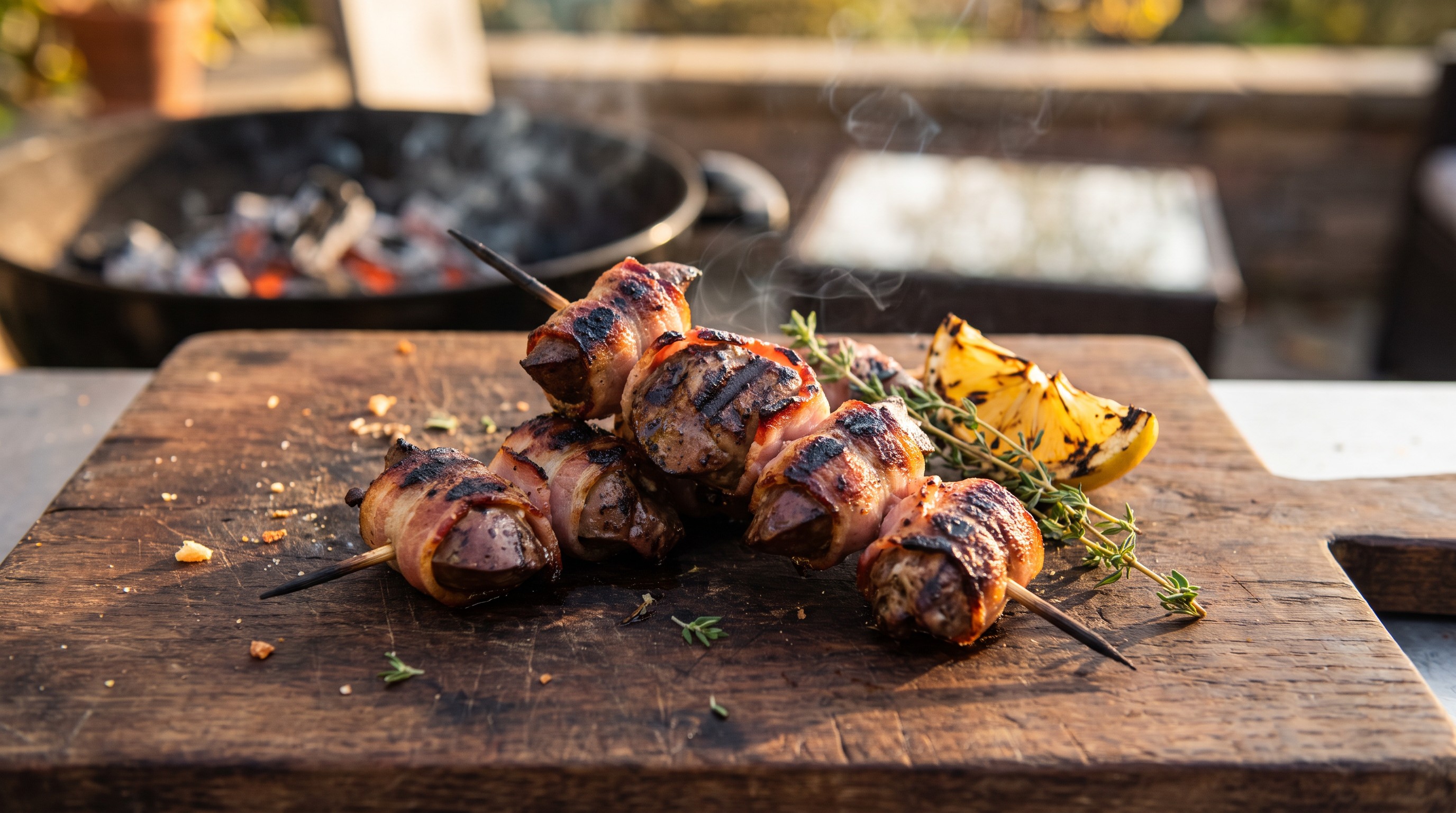 Szalonnába tekert grillezett csirkemáj nyárs
