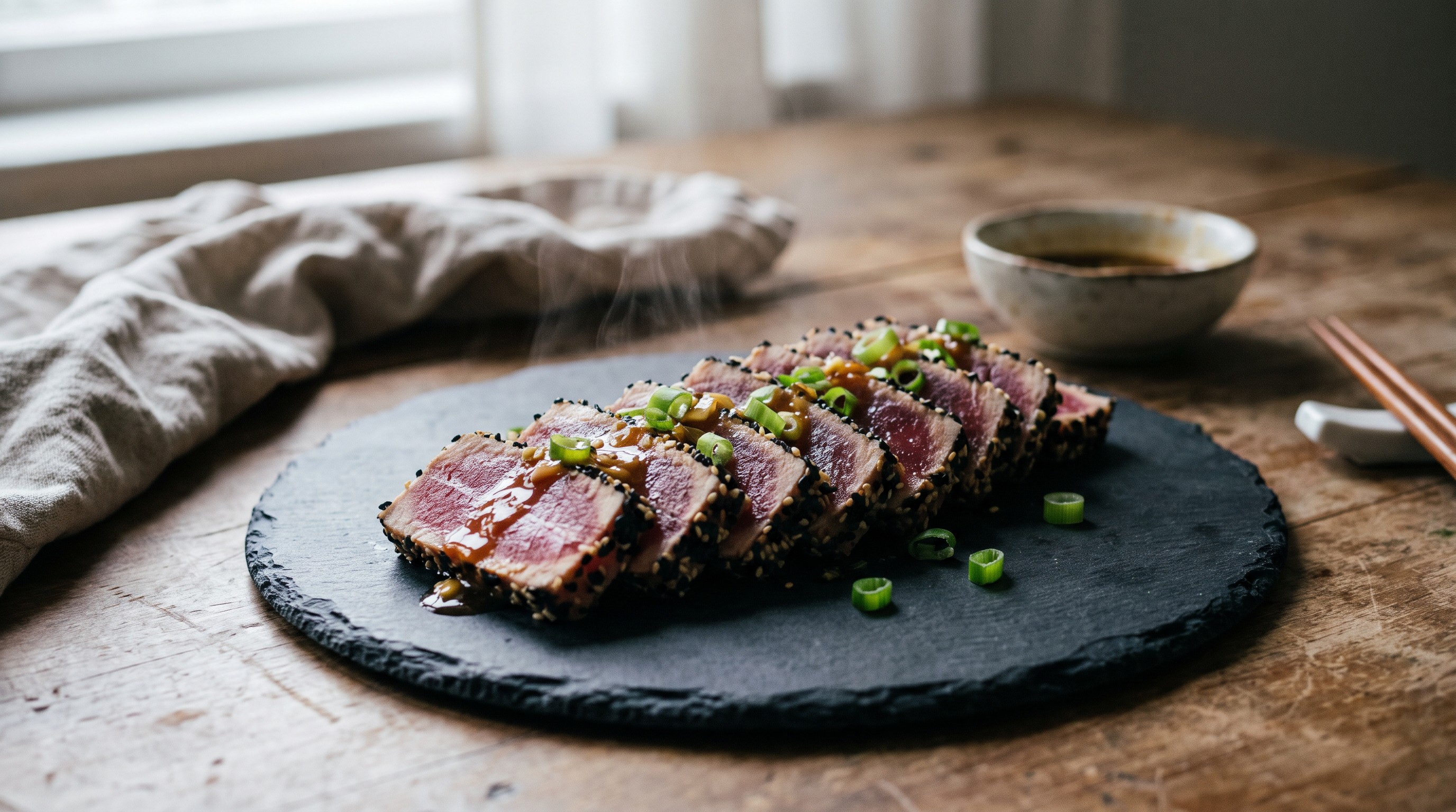 Grillezett tonhalsteak szezámmagos bundában, szójás-gyömbéres öntettel