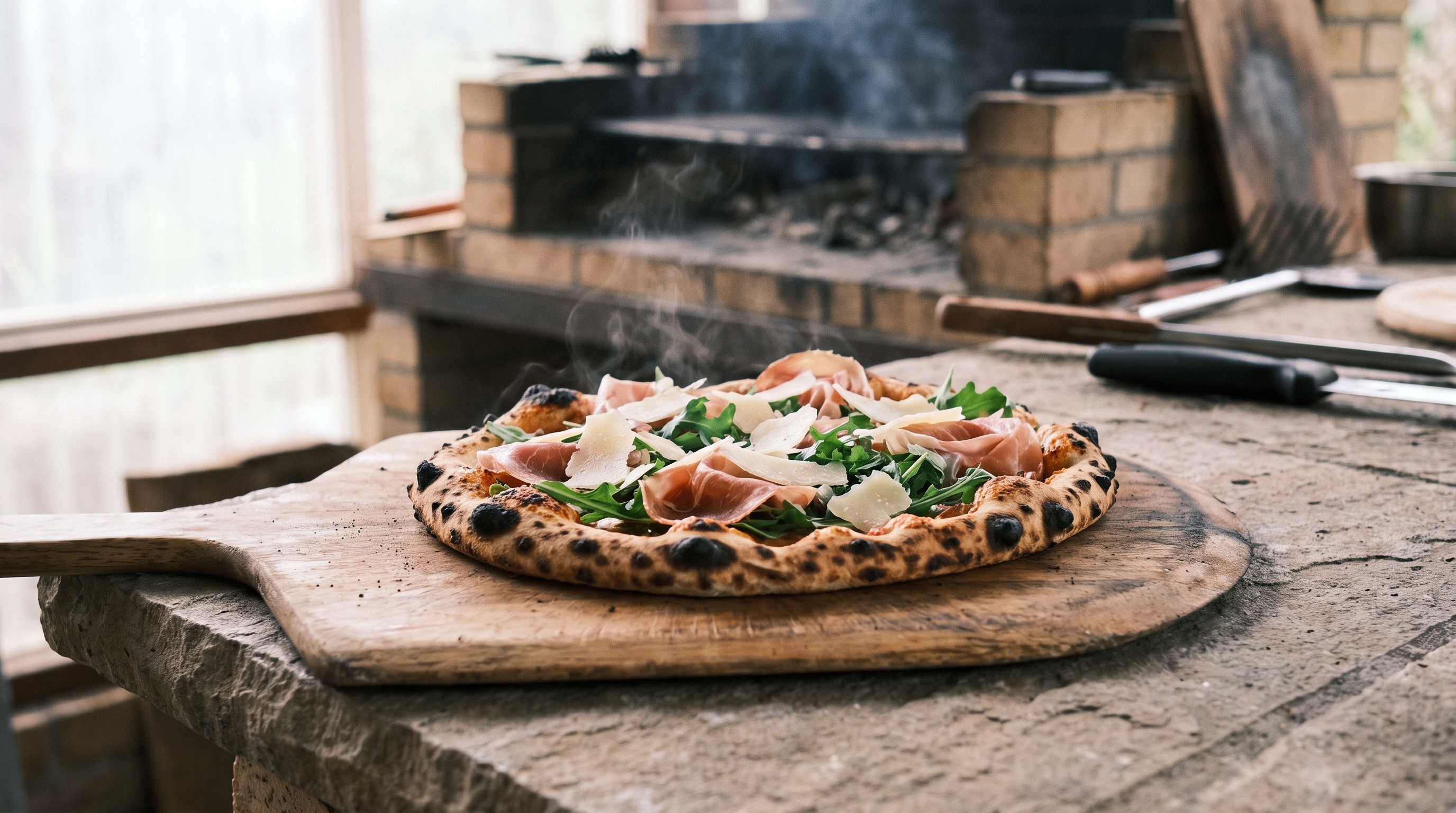 Grillezett sonkás-rukkolás pizza parmezánnal