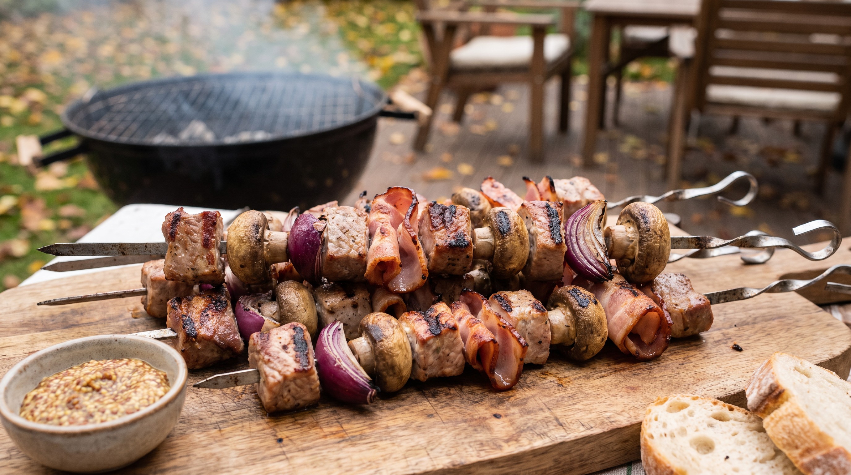 Rablóhús nyárson szalonnával, gombával és lilahagymával