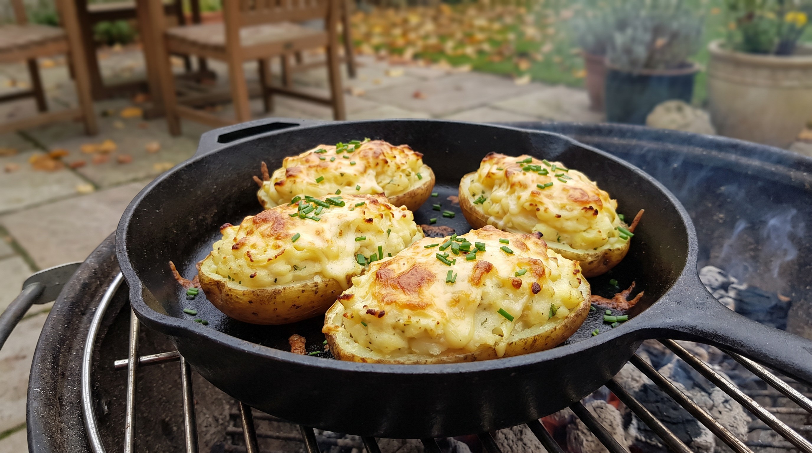 Kétszer sült töltött burgonya a grillen tejföllel és füstölt sajttal