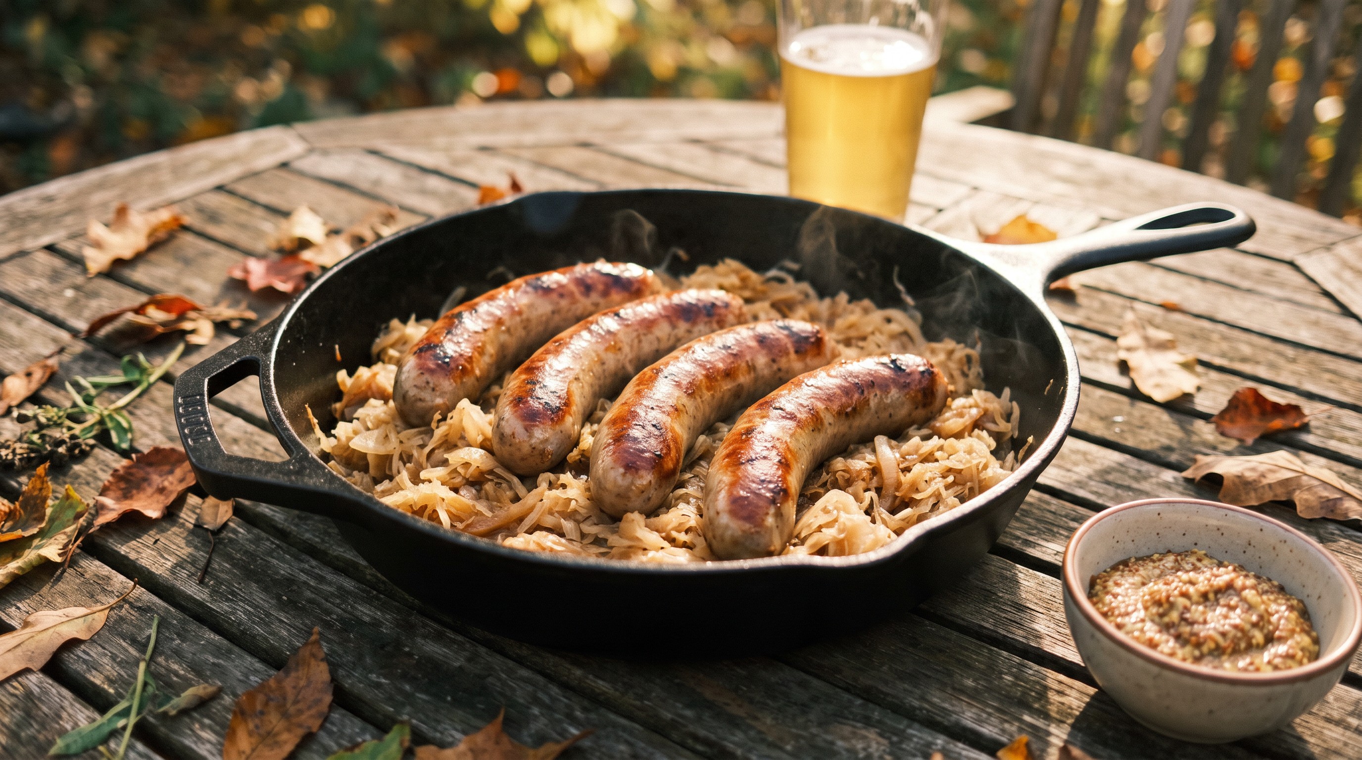 Sörben párolt grillkolbász hagymával és savanyú káposztával