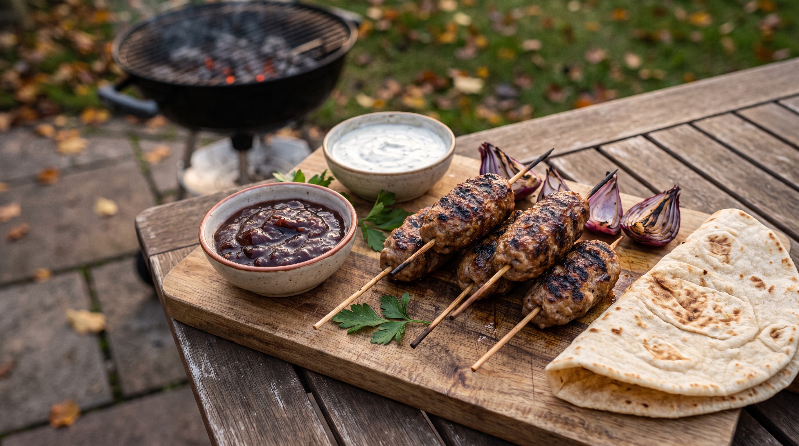 Fűszeres sertés köfte nyárson szilvás chutney-val