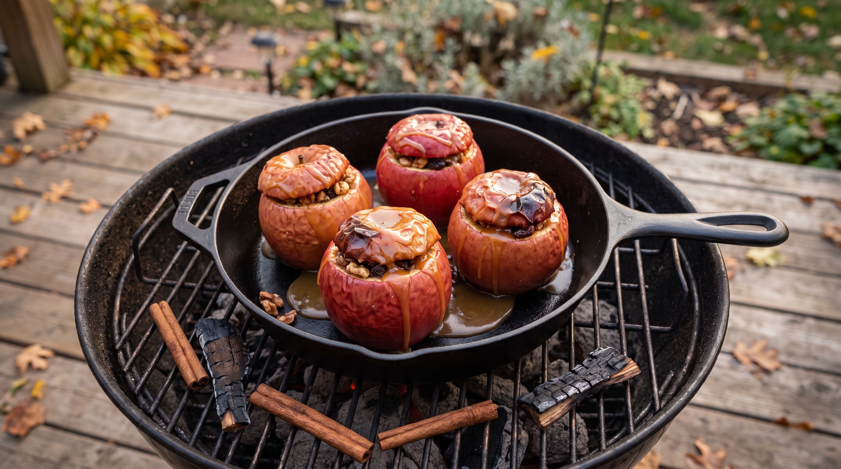 Grillen sült töltött alma diós-mazsolás töltelékkel, sós karamellel