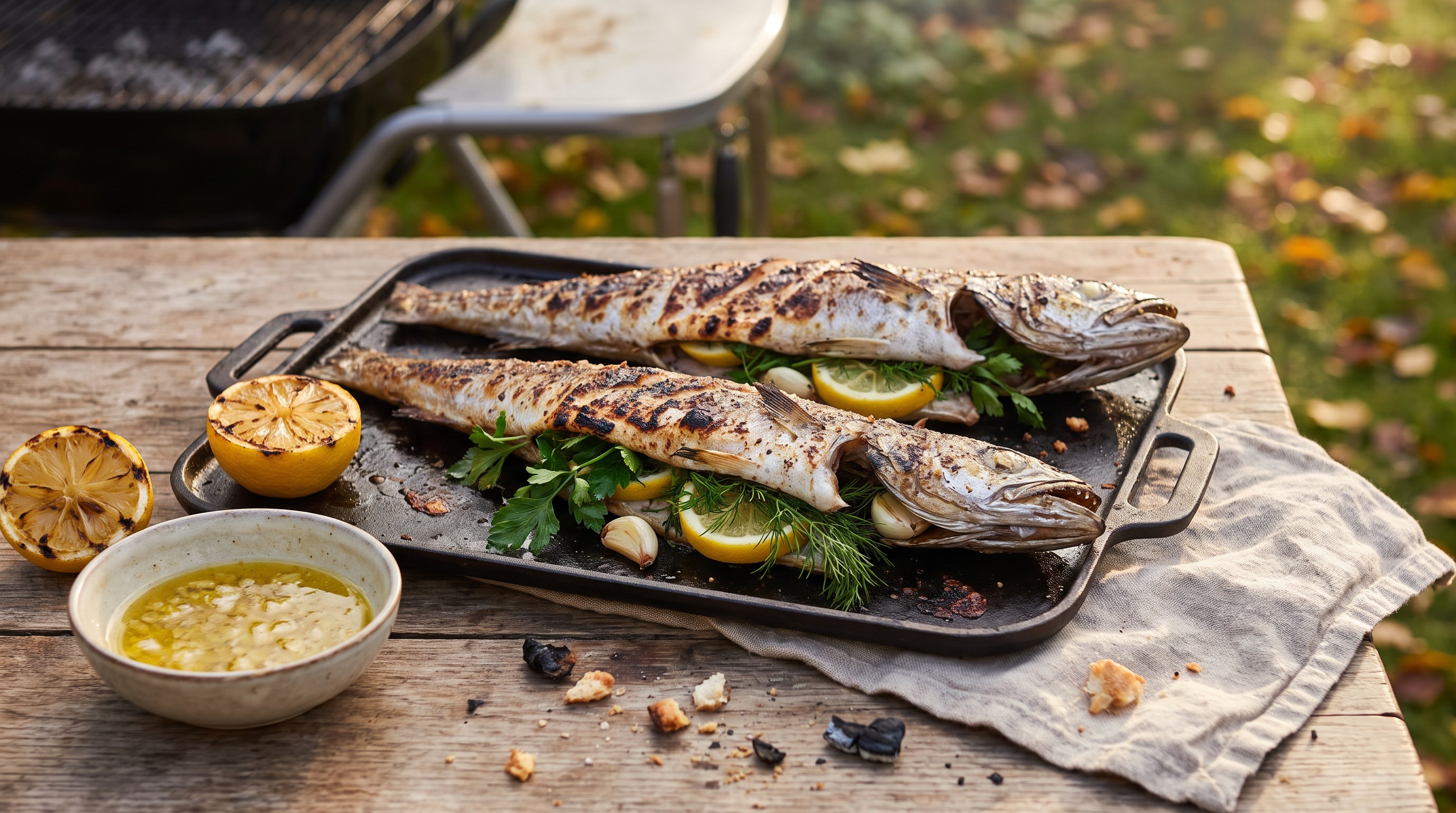 Fűszernövényekkel töltött grillezett hekk