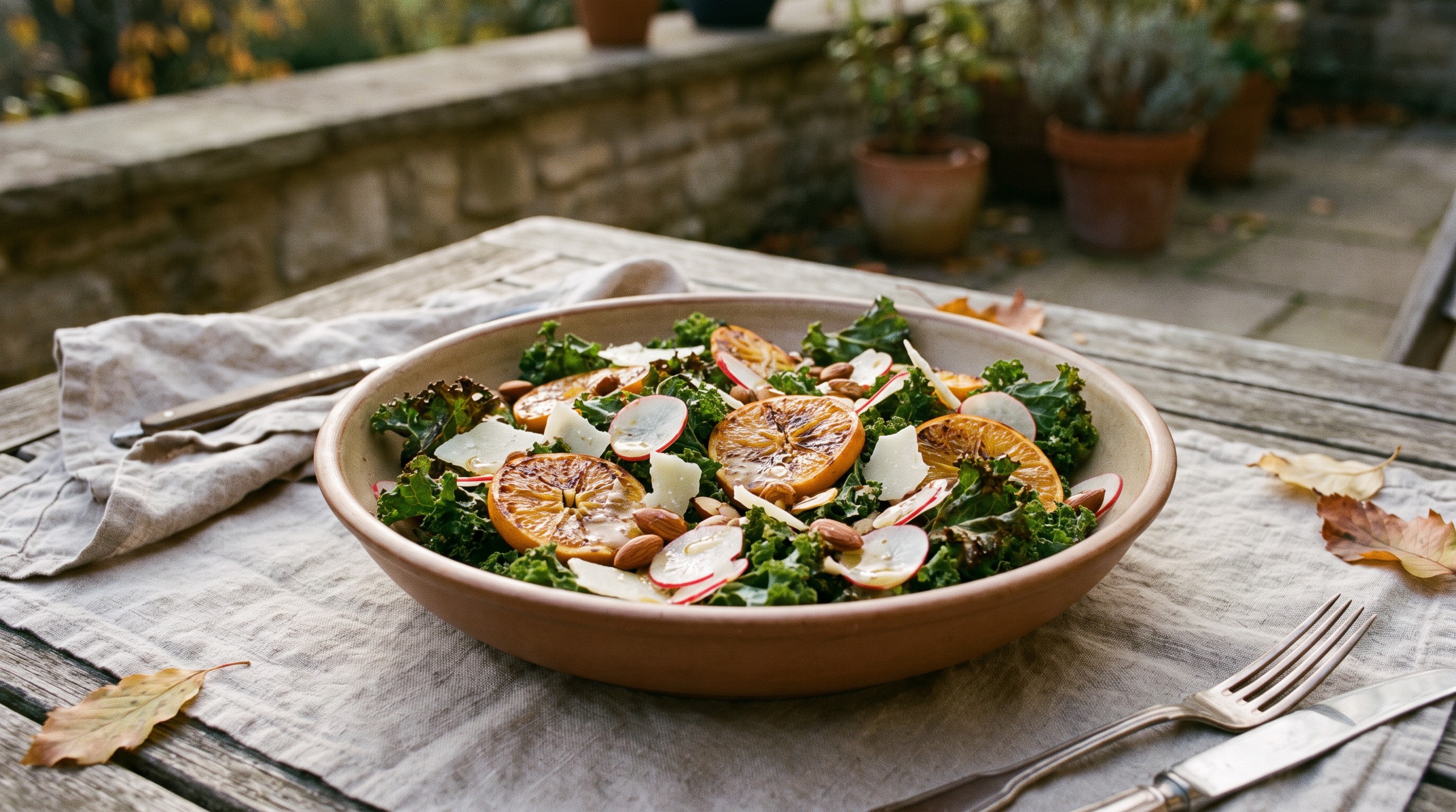 Grillezett fodros kel saláta naranccsal és mandulával