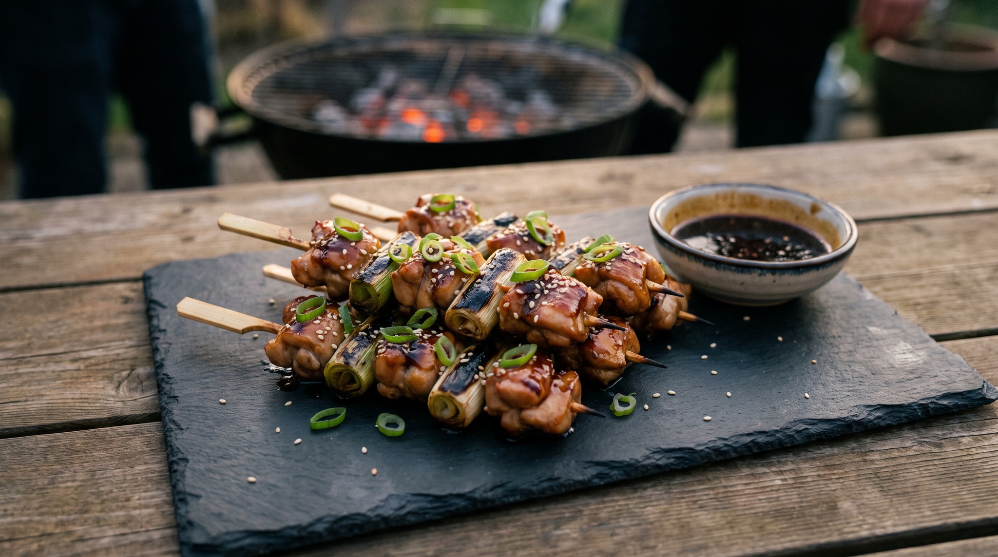 Yakitori csirkenyárs póréhagymával a grillen