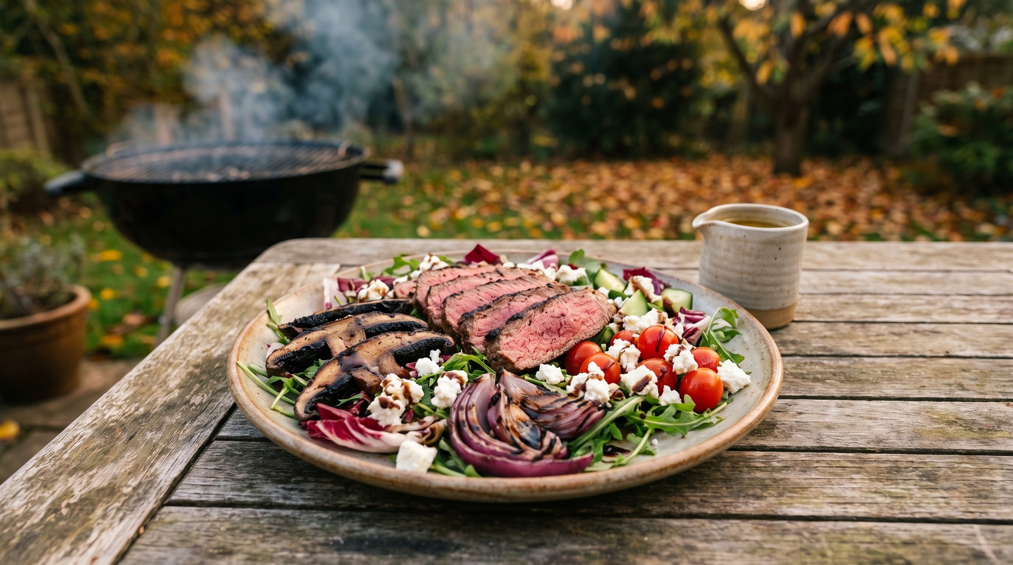 Grillezett hátszínsteak saláta portobello gombával és balzsamecetes öntettel