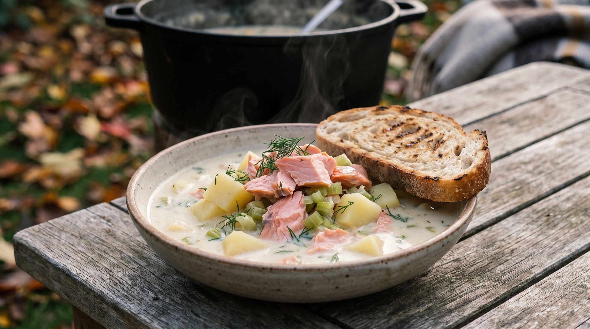 Füstölt lazacleves burgonyával, krémes chowder módra