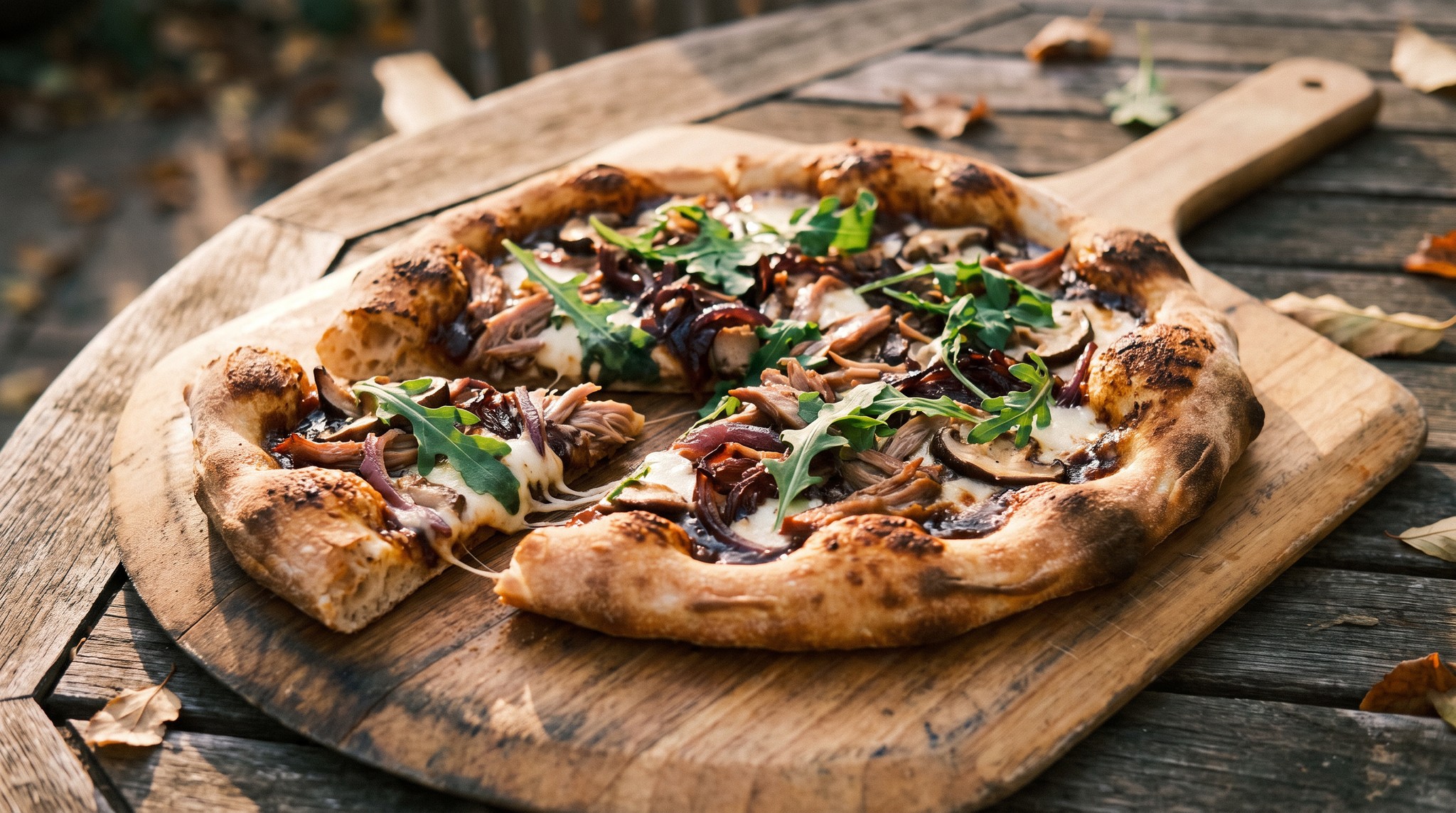 Füstölt kacsás pizza lilahagymával és gombával