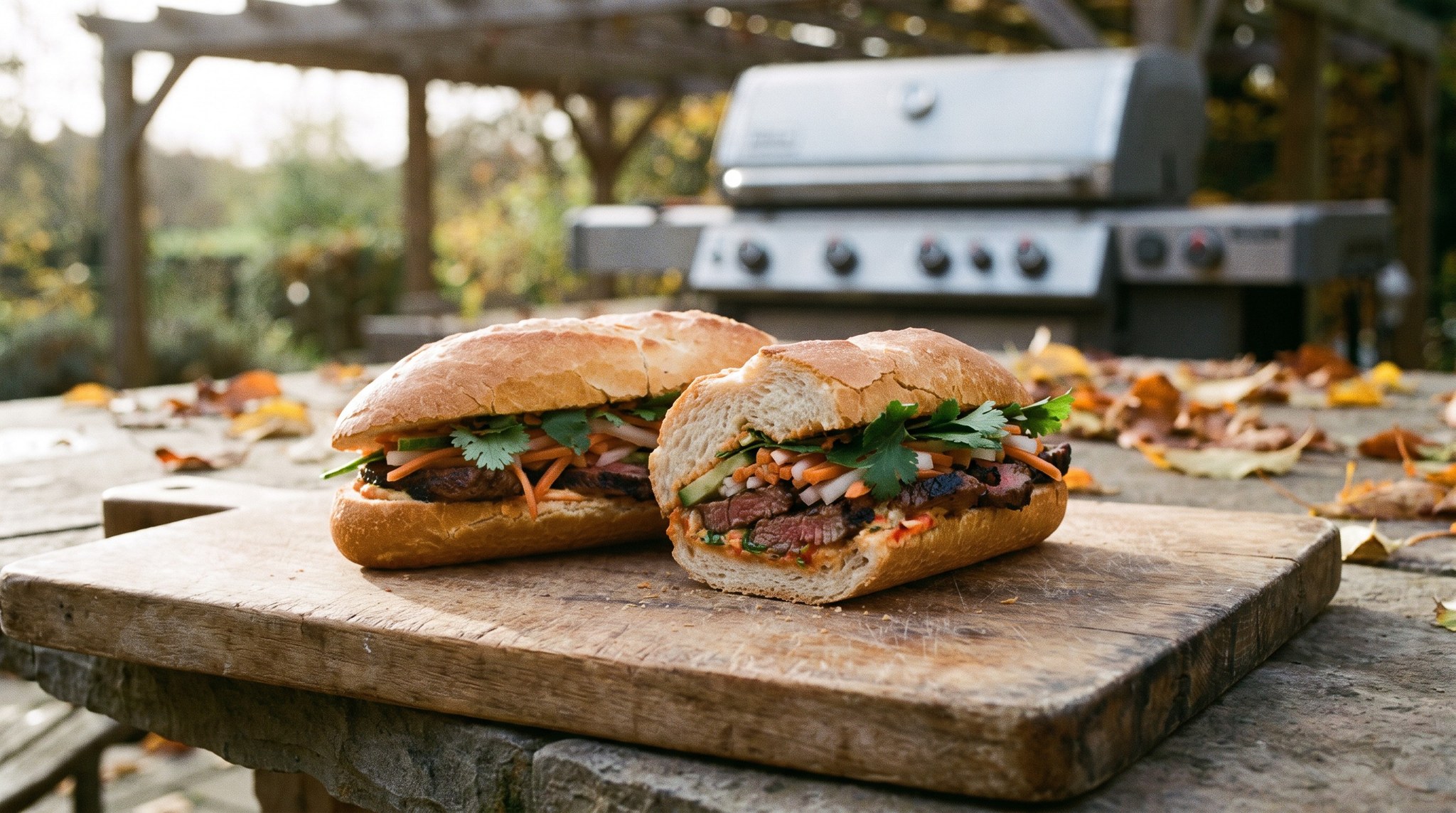 Grillezett steakes bánh mì savanyított répával és csilis majonézzel