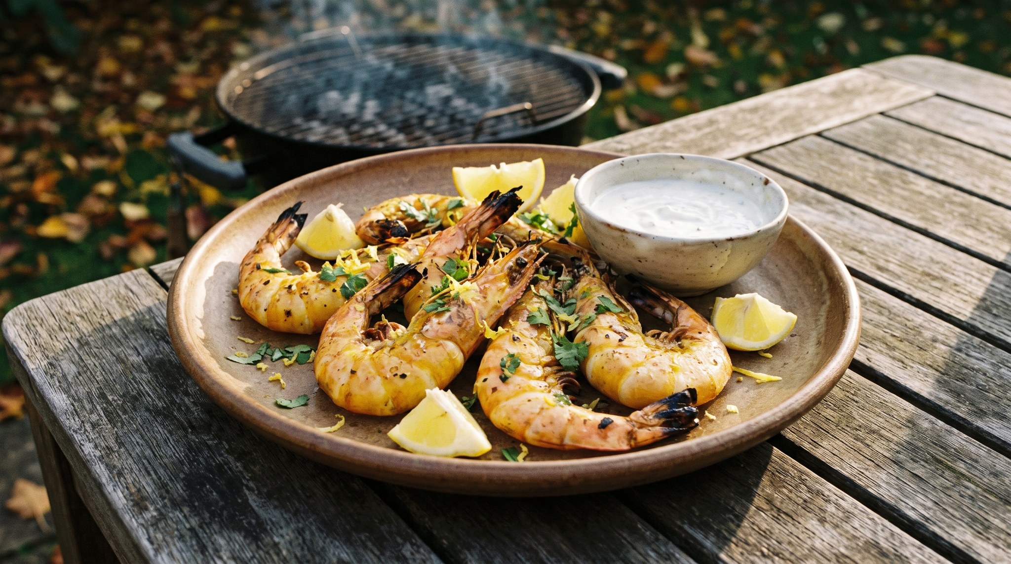 Kurkumás-köményes grillgarnéla citromos-fokhagymás joghurttal