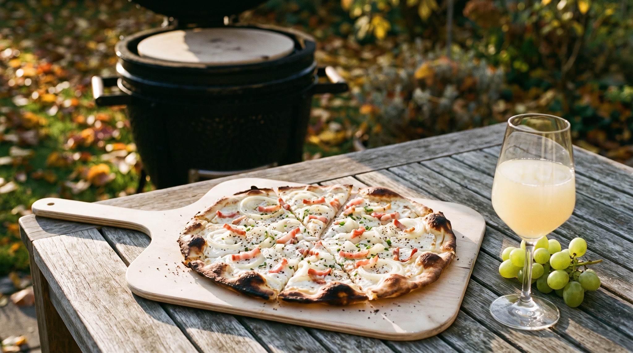 Elzászi hagymás-szalonnás lepény (flammkuchen) a grillen