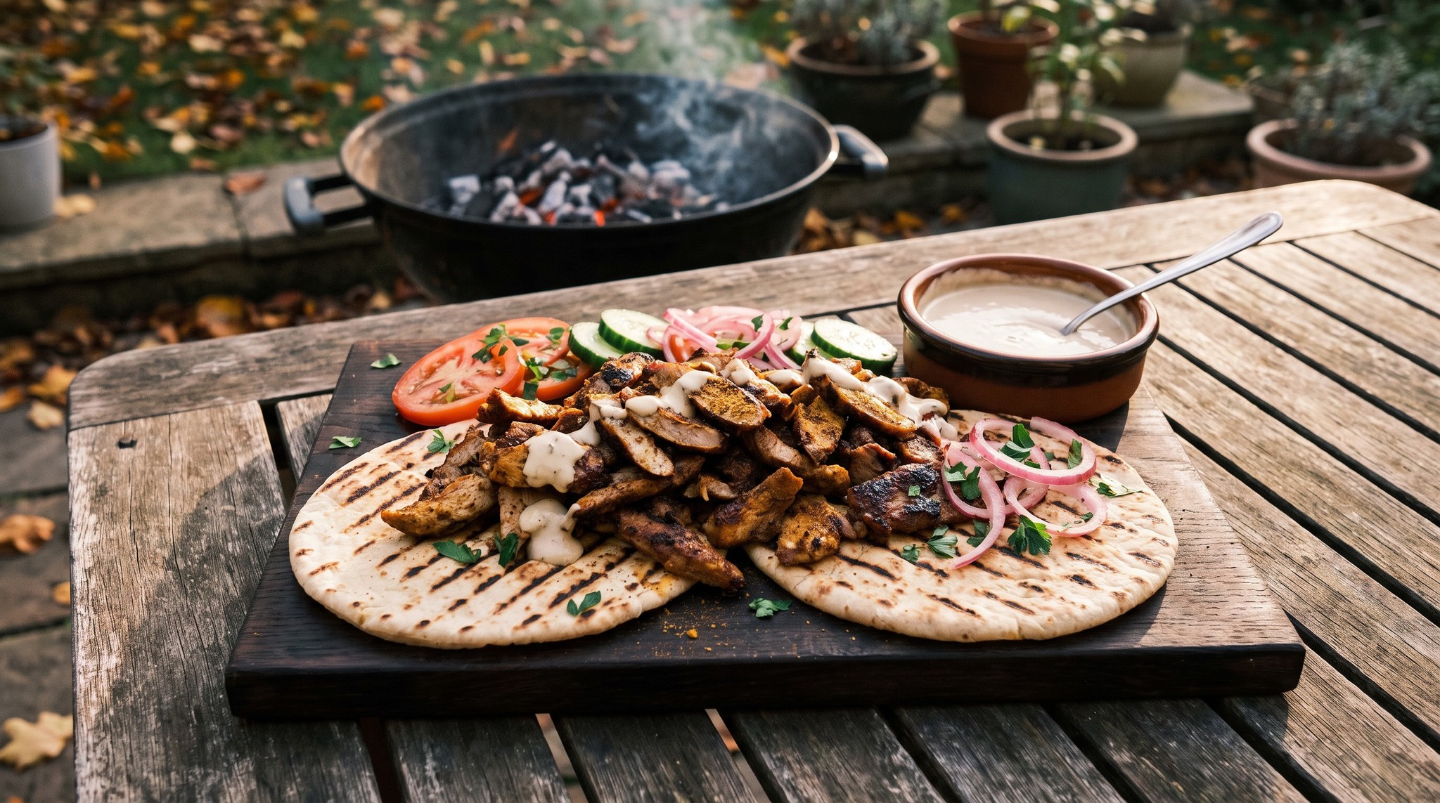 Sertés shawarma a grillen tahinis szósszal és pitával