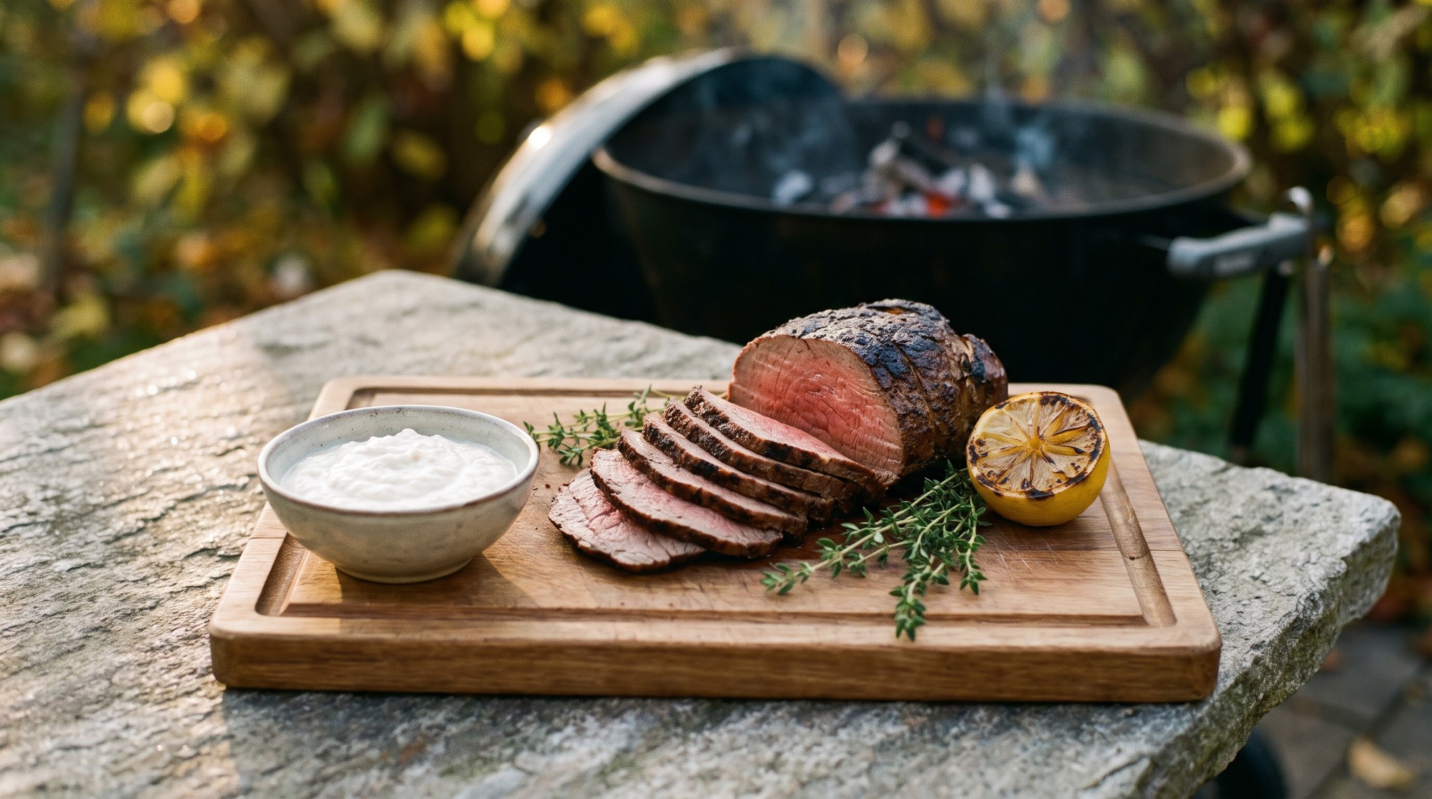 Citromos-fokhagymás marhafelsál a grillen tormás tejföllel