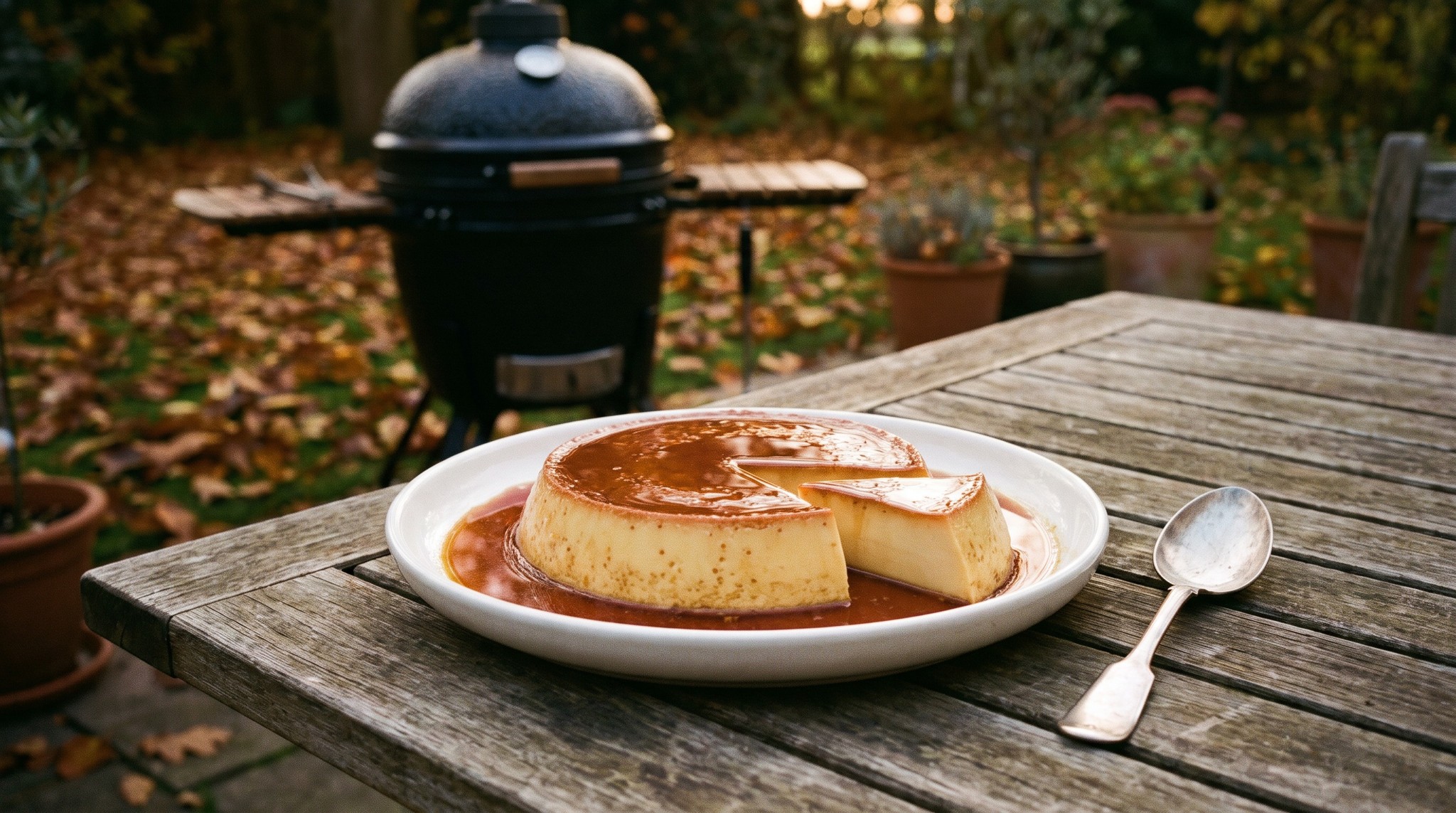 Krémkaramell a kamado grillben, vízfürdőben sütve