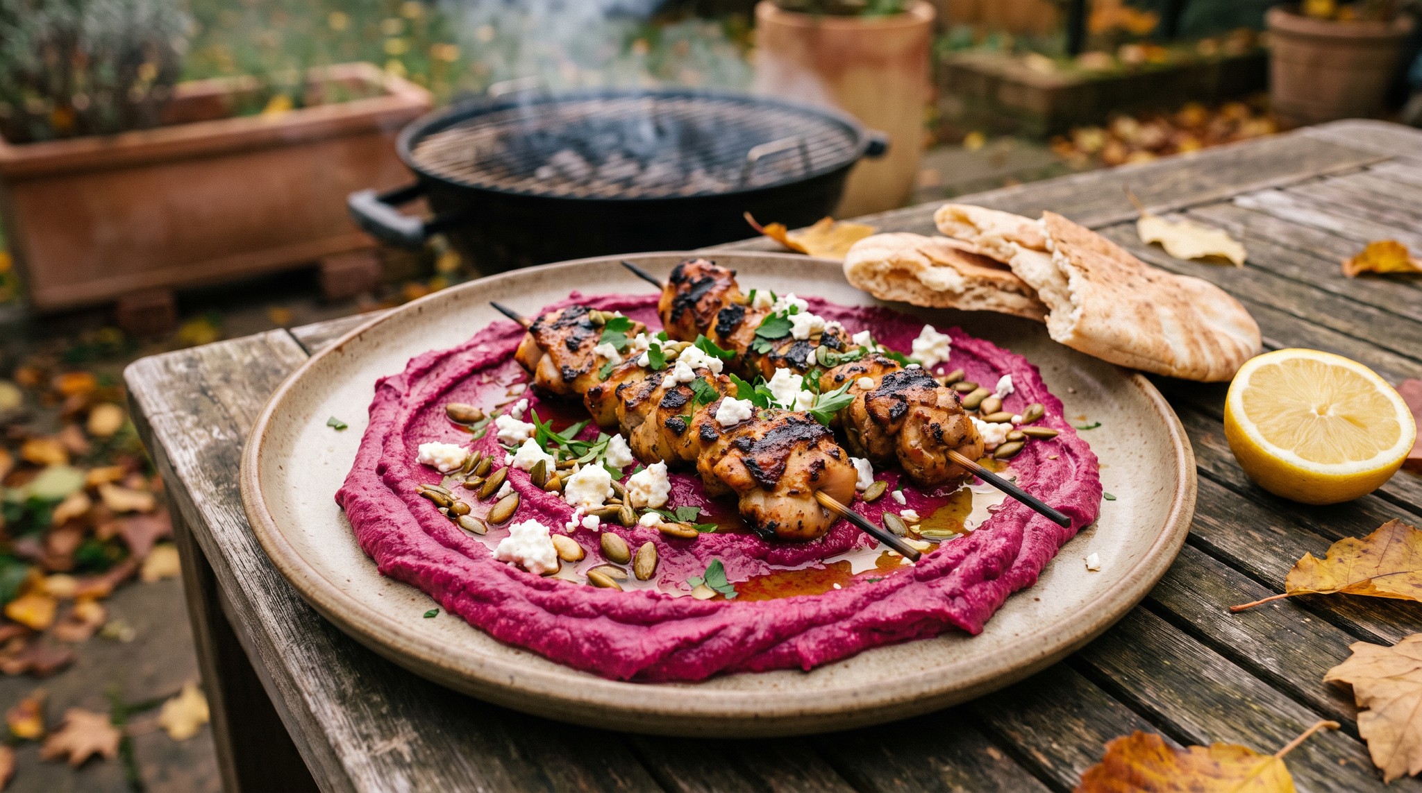 Fűszeres csirkenyárs céklás humusszal a grillen