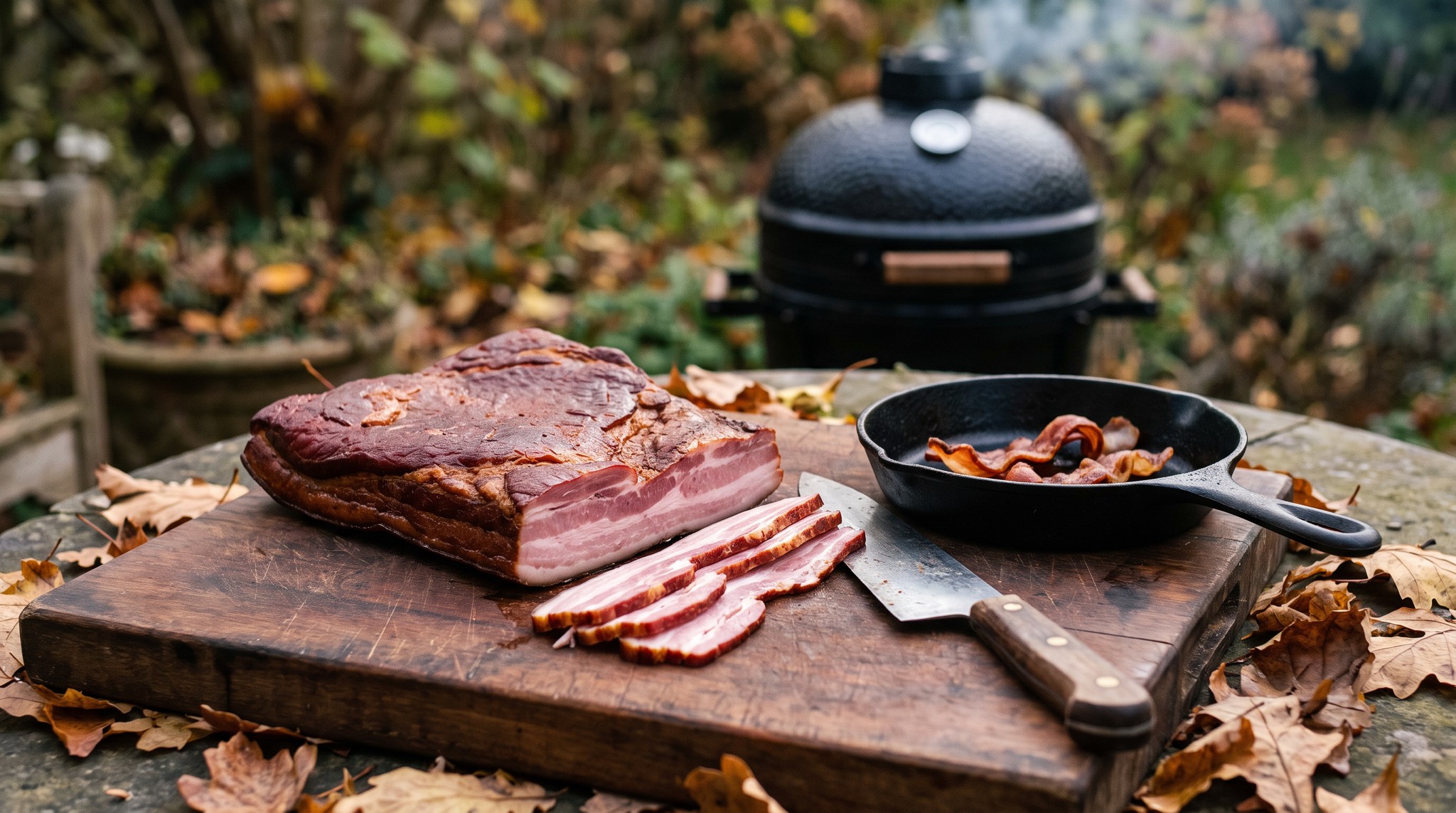 Házi füstölt bacon sertéshasból a grillben