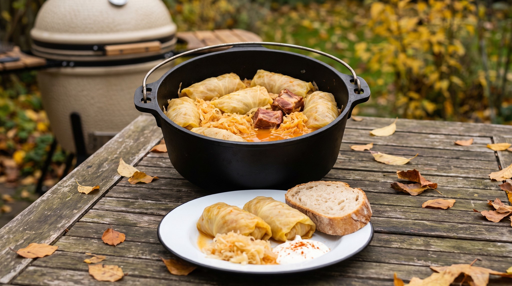 Töltött káposzta öntöttvas lábasban a grillen