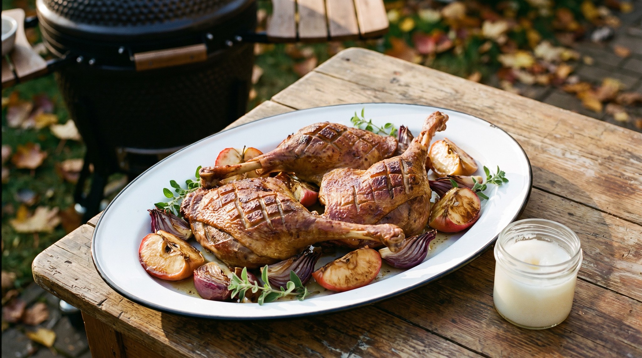 Ropogós bőrű libacomb a grillen sült almával