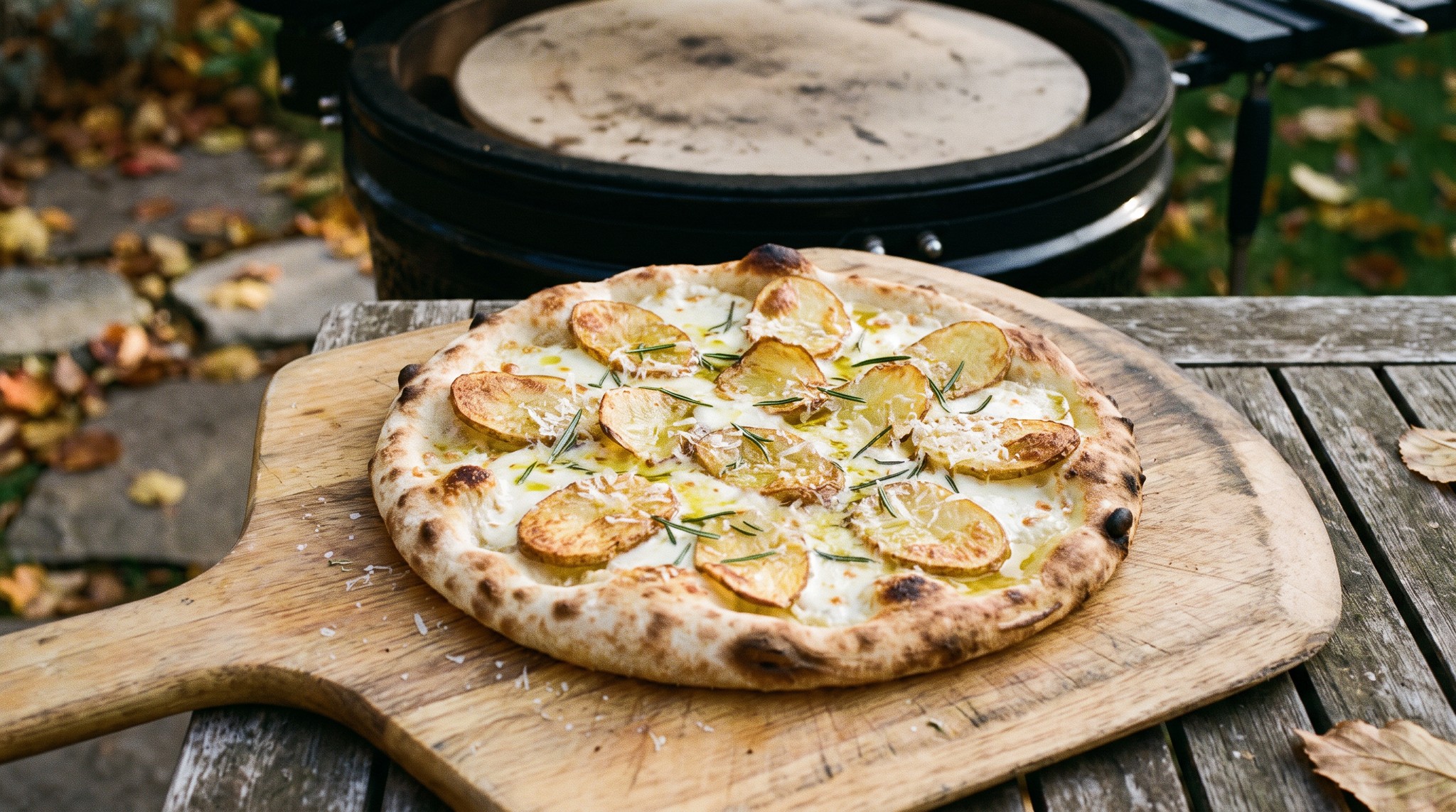 Burgonyás-rozmaringos fehér pizza a grillen