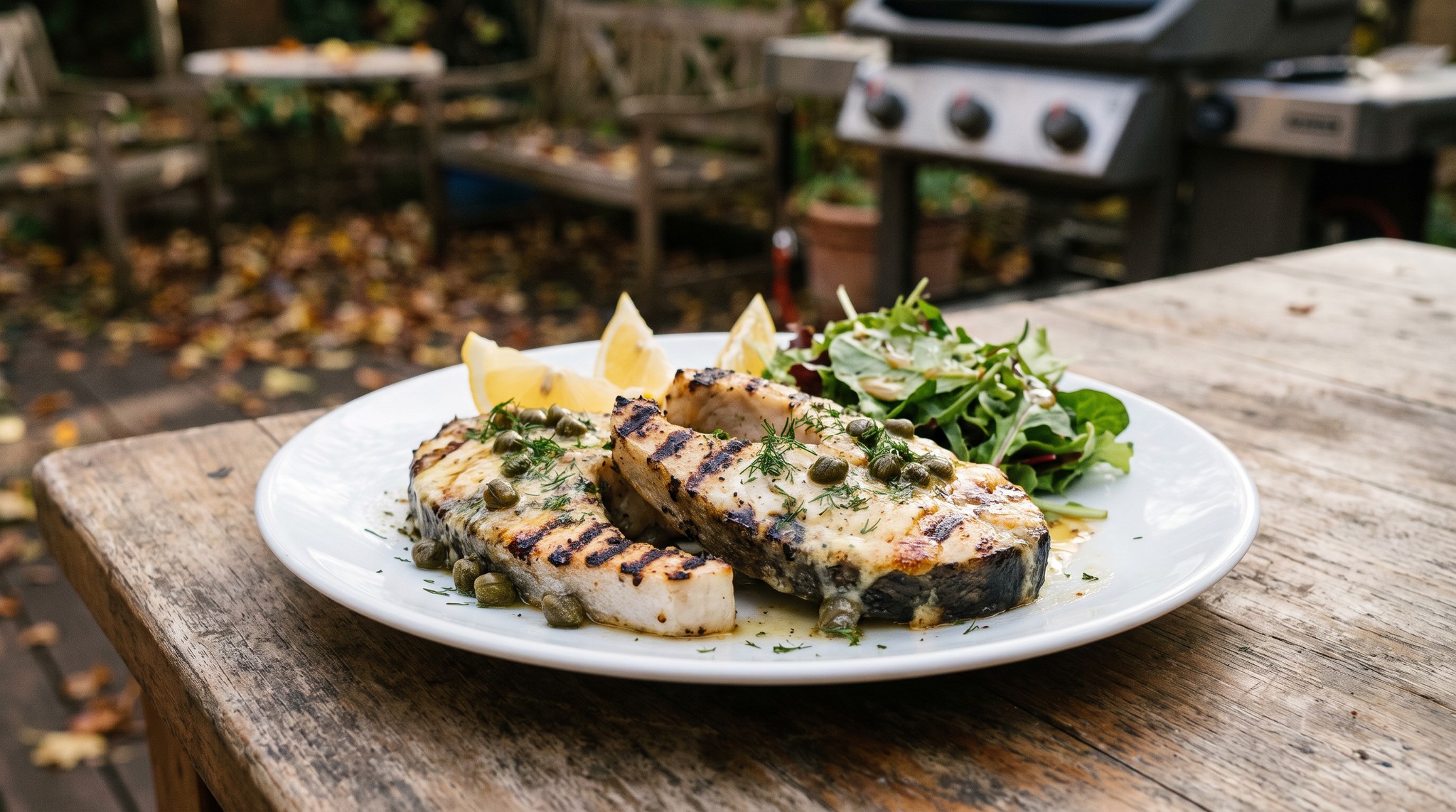 Tokhalsteak a grillen barnított vajjal és kapribogyóval