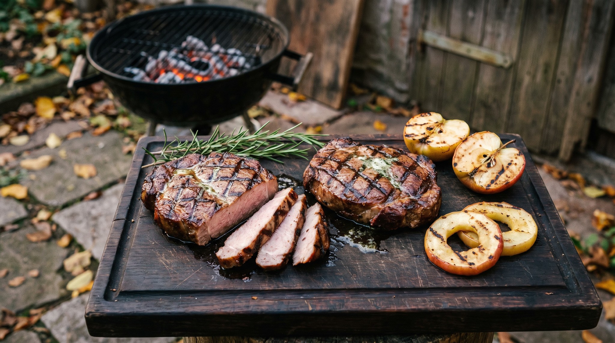 Mangalica tarjasteak a grillen sült almával