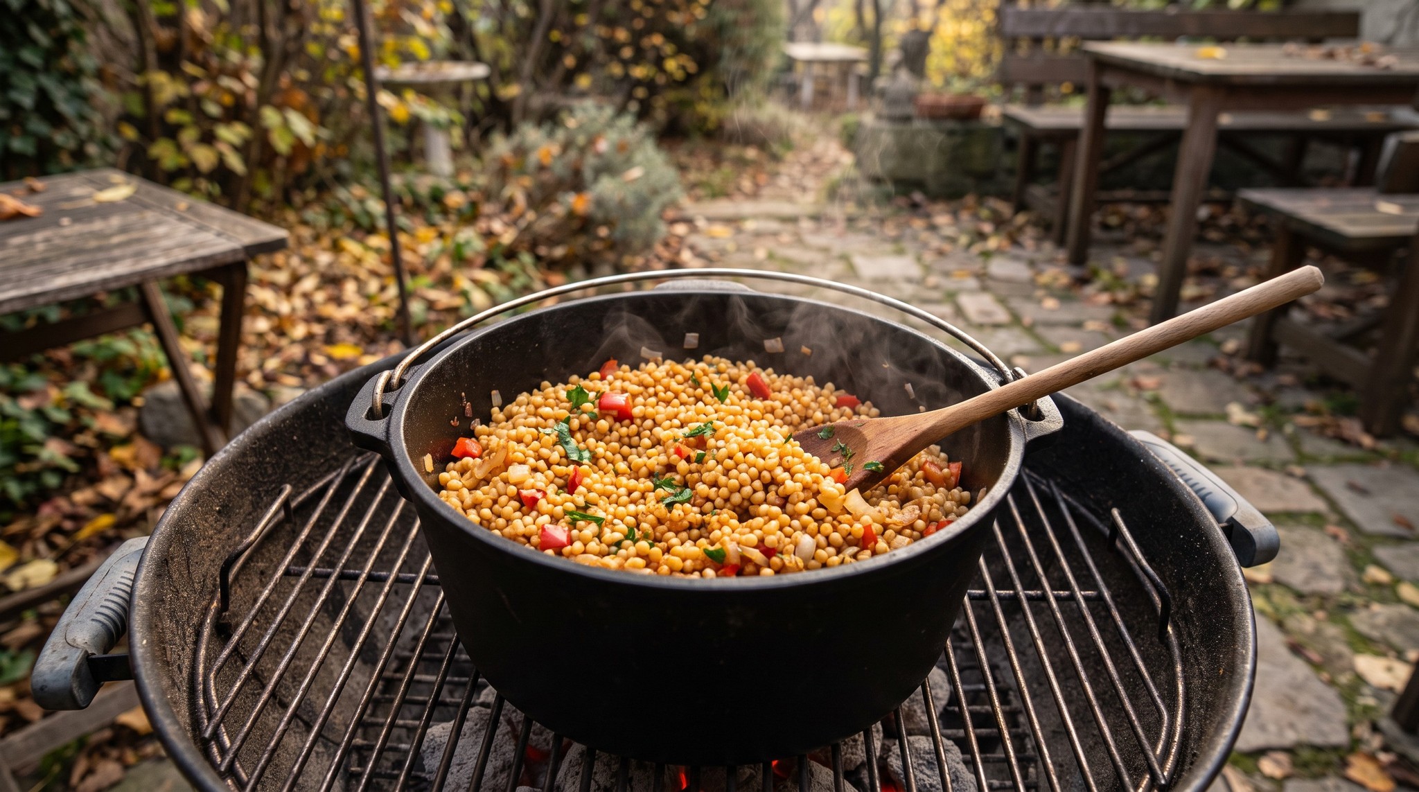 Pirított tarhonya öntöttvasban a grillen