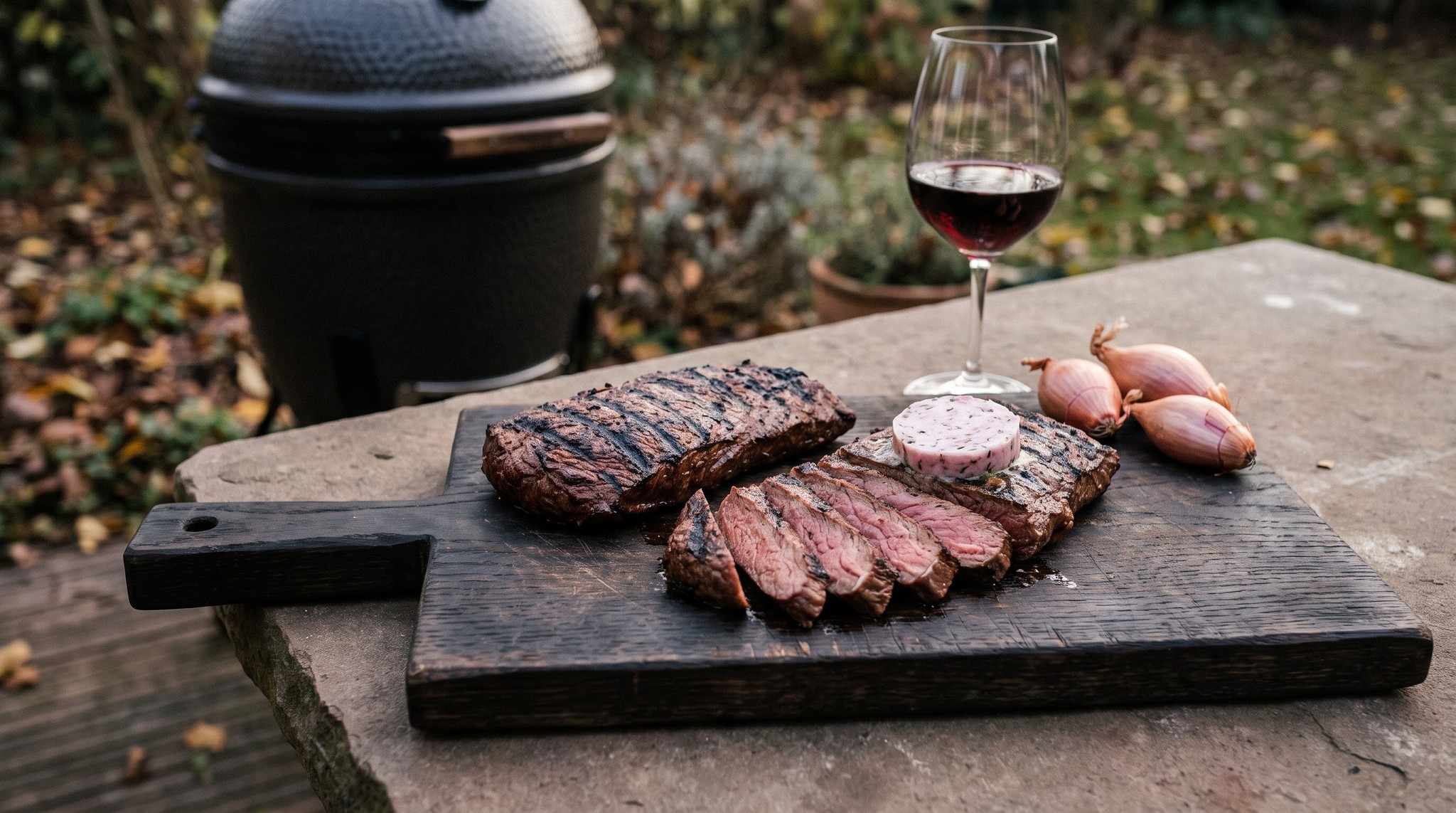 Flat iron steak a grillen vörösboros salottás vajjal